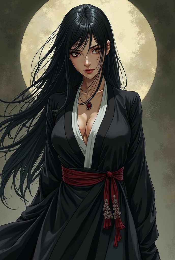 Close-up of a girl in a suit, androgynous vampire, junji ito 4 k, with long dark hair, ito junji art, style of junji ito, Dark Costume, portrait of sadako of the ring, Gentle androgynous princess , Beautiful androgynous princess , with her long black hair, girl in suit, (big yellow eyes:1.3), fangs, detailing, (generous cleavage), Burst breasts, extra high resolution, 8K, (The blood on her lips runs down her neck), (Lovely Medium Breasts), perfect anatomy, (Gloomy color scheme:1.5), (skinny body)