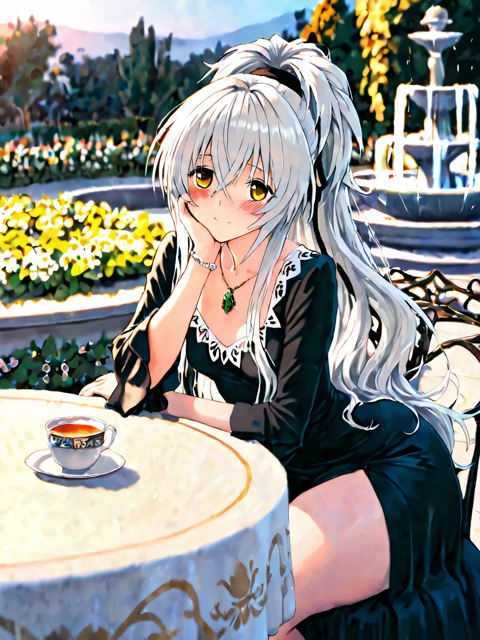 Shizuma Hanazono from Strawberry Panic, silver hair, ponytail ,Lots of hair, yellow eyes, pechos grandes, slim, thick thighs, big butt, black dress with lots of details, pompous dress , flying details, decorated black headband, closed neckline, pretty emerald gemstone necklace, glancing at the spectator, mischievous look, Slight Smile, sunrise, Rising the Sun, garden with fountains, Cup of tea on the table. pretty bracelet , ultra quality, comes out a lot of detail, pretty face, high quality, eyes between closed, long bangs. flores, a hand on the cheek, Full detail in eyes,blushing,