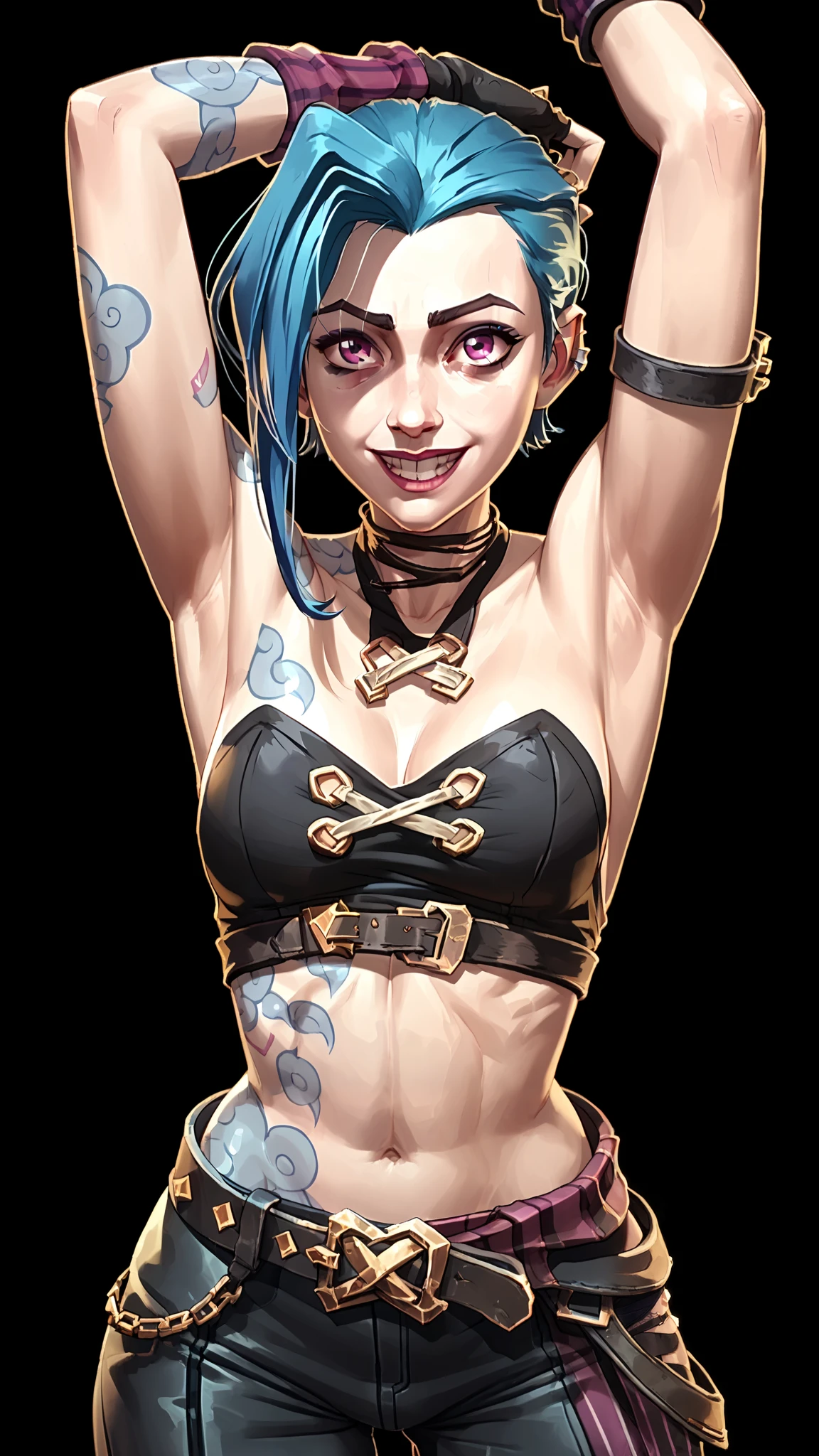 one woman, jinx from league of legends, (purple eyes:1.2), (grey skin:1.2), short hair, blue hair, (upper body, legs, thighs:1.3), (black background, clear background:1.5), (studio lights, deep shadows:1.3), (big chest, bare shoulders, bare neck:1.2), (small strapless bra:1.4), (happy face:1.2), showing armpits