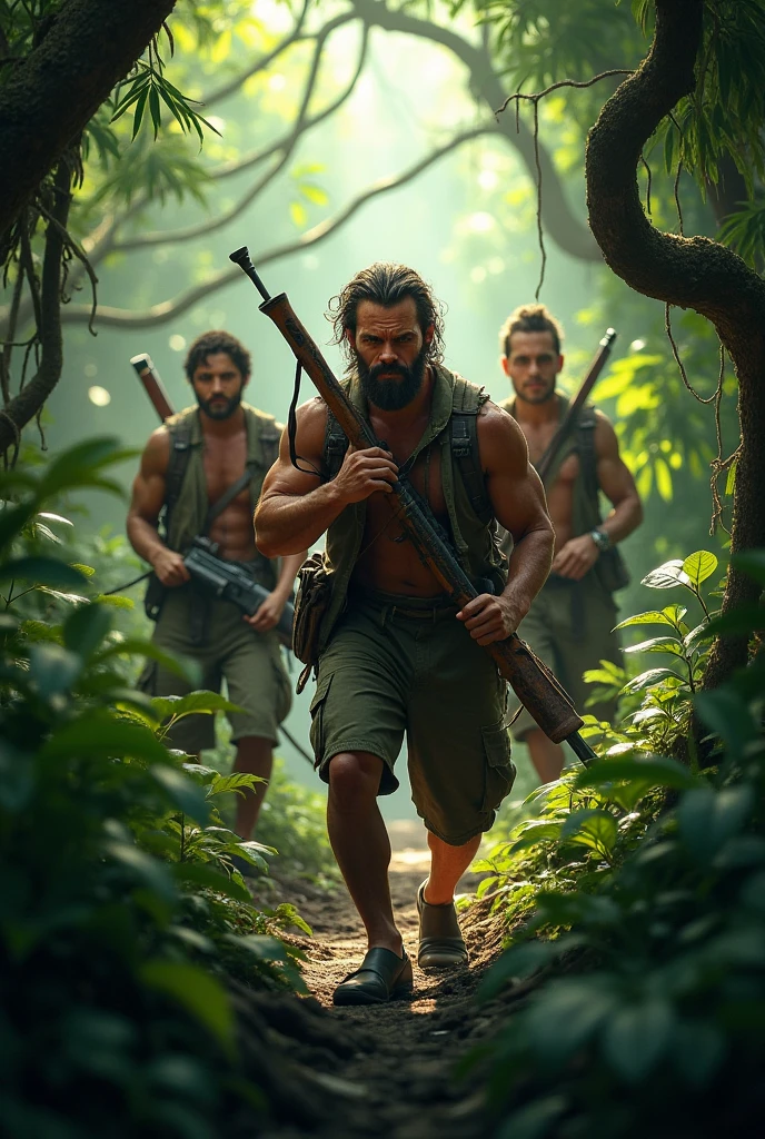 Create an image of a person (with a bow and arrow on his back and with two young women behind him holding a machete and the other a spear and behind them a small camp) are trapped on an isolated island in another world they need to survive