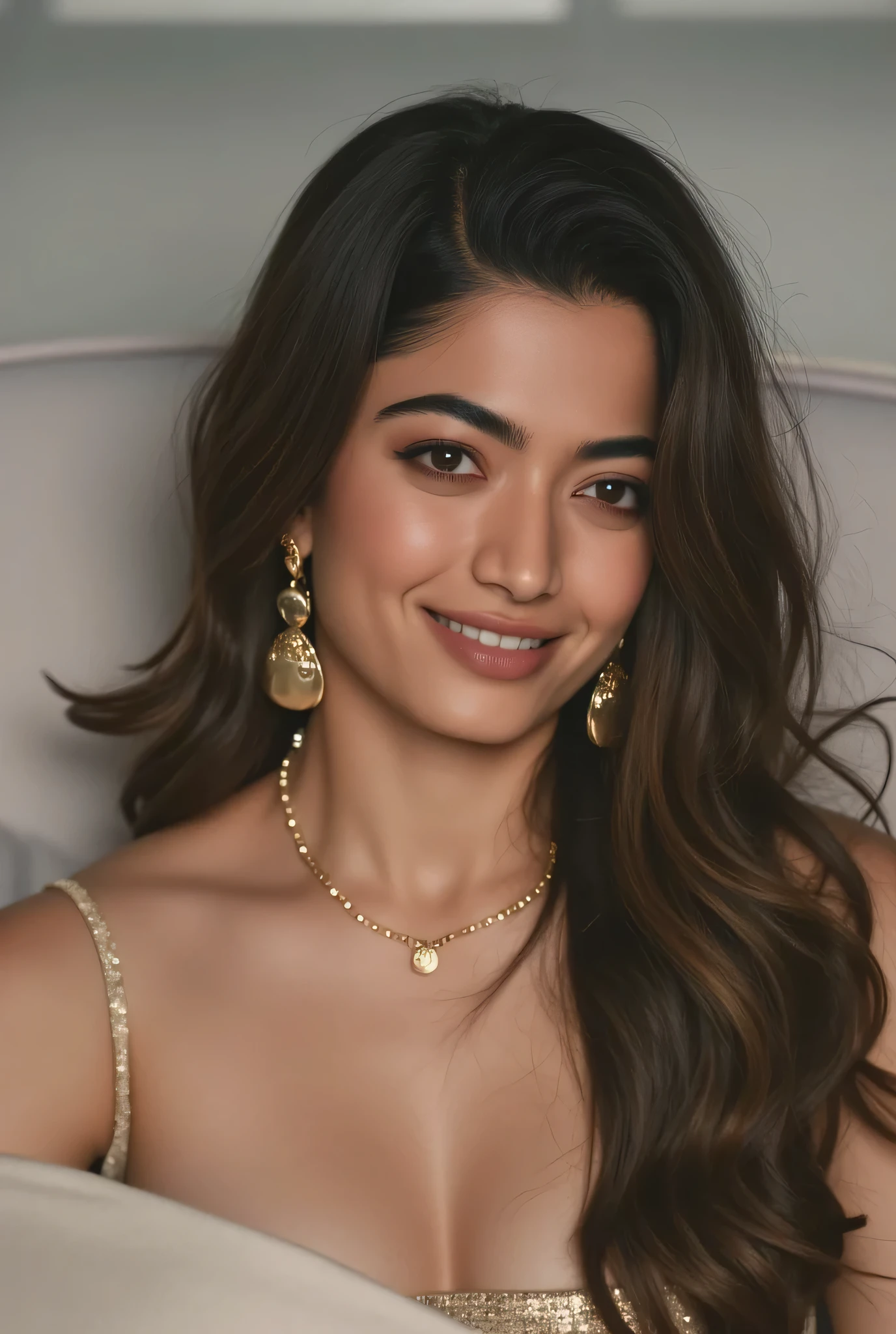 Gorgeous young girl in bed, detailed face, masterpiece, Black Hair, Very Long Hair, Accurate, Anatomically Correct, High Details, UHD, Hoop earrings