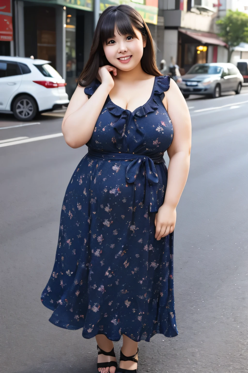 Generate a high-resolution 8k image of a beautiful plus-size model with a curvy body and a plump face, emphasizing her big round breasts with deep cleavage in a tasteful manner. She has smooth, spotless white skin, black curly hair with bright brown highlights, and light blue eyes with detailed iris patterns. Capture her standing confidently in a colorful dress with glossy print, set against a sunny, flower-filled London village. The focus should be on her overall beauty and confident pose, suitable for a cinematic photoshoot.