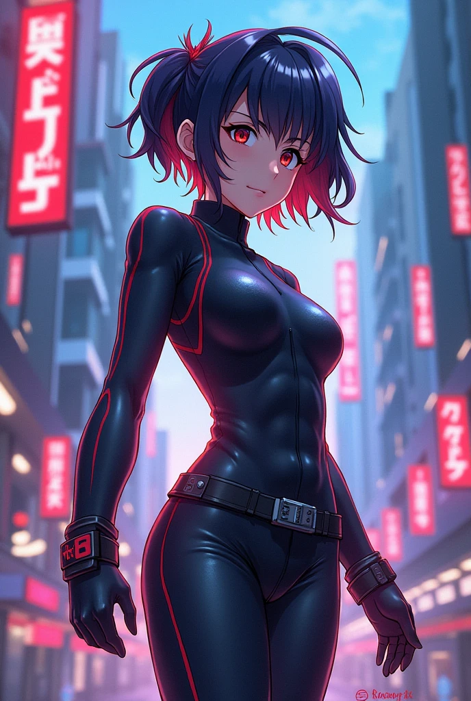 Top-quality, best quality, masterpiece, 1girl(22 years old, short black hair, red eyes, medium breasts, slender body), full latex bodysuit(jet black, flame highlights, oval opening at stomach), floating in the sky, looking down at viewer, aggressive stare, background(city alleyway, trash, dirt, graffiti walls, dark sky, night sky, fire behind model)