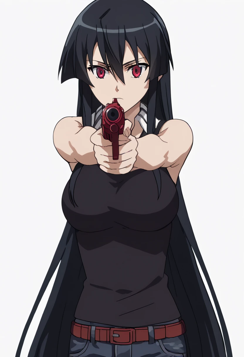 ateliergons, best quality, absurdres, highest quality, anime illustration, 1girl, solo, horizontal+handgun+gun+pistol, boots, black hair, long hair, dress, black dress, knee boots, underwear, one knee