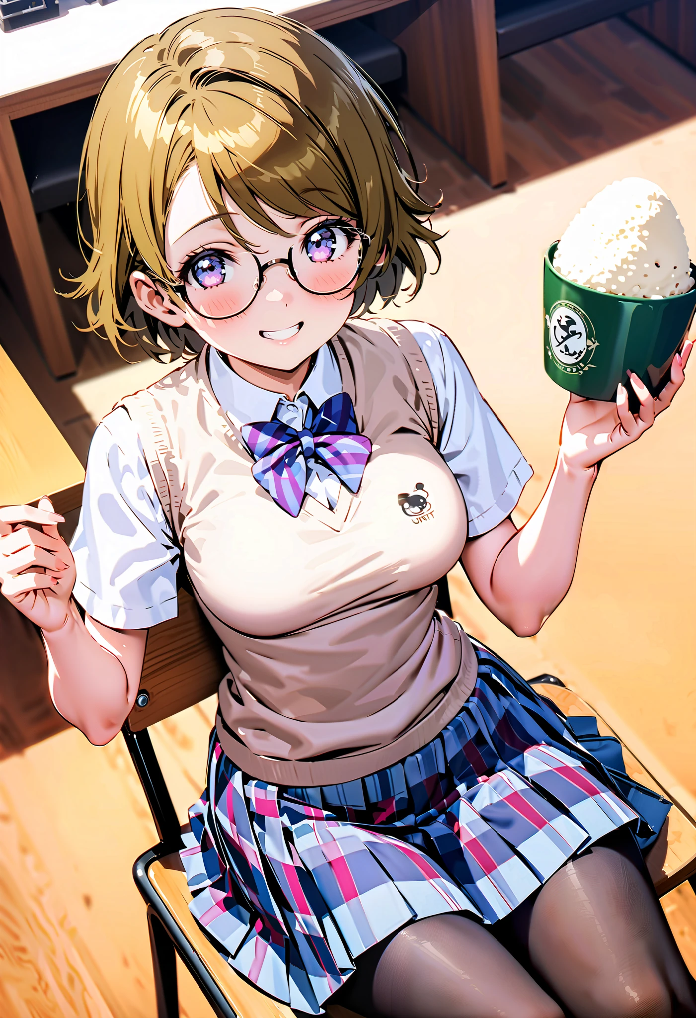Hanayo Koizumi, short hair while on a business trip, Alone, tea hair, purple eyes,Medium breast,smile,blush, narrow your eyes, mouths,Glasses, skirt , bow, school uniform , socks , check pattern , knee-high, check pattern skirt , sweater vest, summer uniform, otonokizaka school uniform ,rib tights , gray pantyhose , sitting on a chair,Holding a triangular rice ball with both hands,eating rice ball,whole bodyがイラストに入るように, break looking at viewer,whole body,
break indoors, Club room,School building,
break (masterpiece:1.2), best quality , kampala,unity 8k wallpaper,(shape:0.8),( fine, beautiful eyes :1.6),It's a person ,whole body写真,CG Details , ( perfect hand, complete anatomy),),
