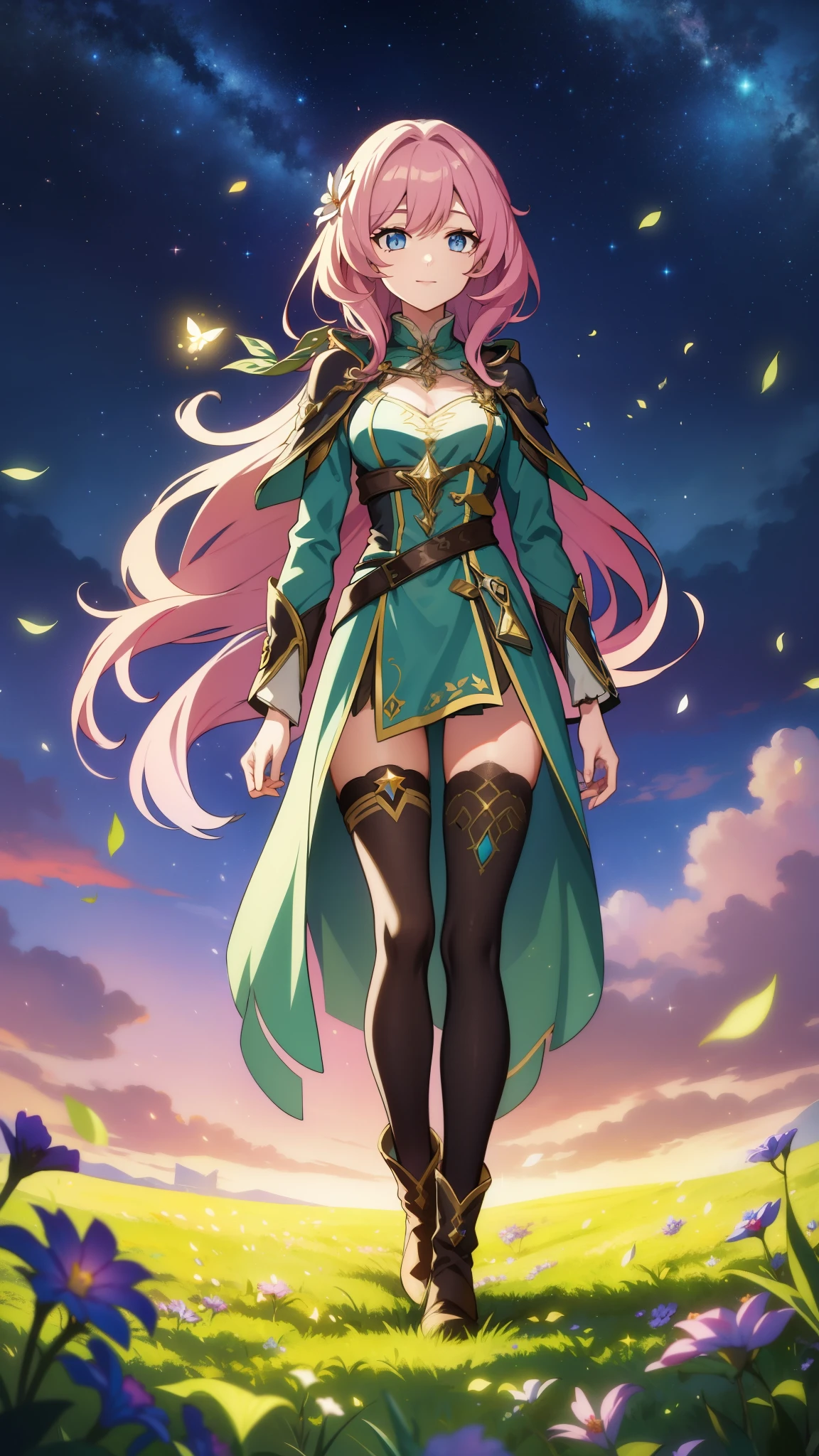 (high-quality, breathtaking),(expressive eyes, perfect face) portrait, 1girl, female, solo, young , black and pink hair, pink eye color, long hair length, soft wavy hair, gentle smile, loose hair, side bangs, looking at viewer, portrait, full shot, happy expression, ribbon in hair, flower in hair, fantasy clothing, elegant, mature, height 4"3, adventurer attire, druid attire, warlock profession, short height, Dungeons & Dragons character, jacket, dress, cape, Firefly Honkai Star Rail Character, flower petals, Firefly, starry sky, dawn in the distance, shooting stars, backgroound, flower field, scenary, cloudy sky, grass, trees, flower petals, leafs, white flower, field, blue flower, standing in field of flowers, boots, black thigh socks, druid

