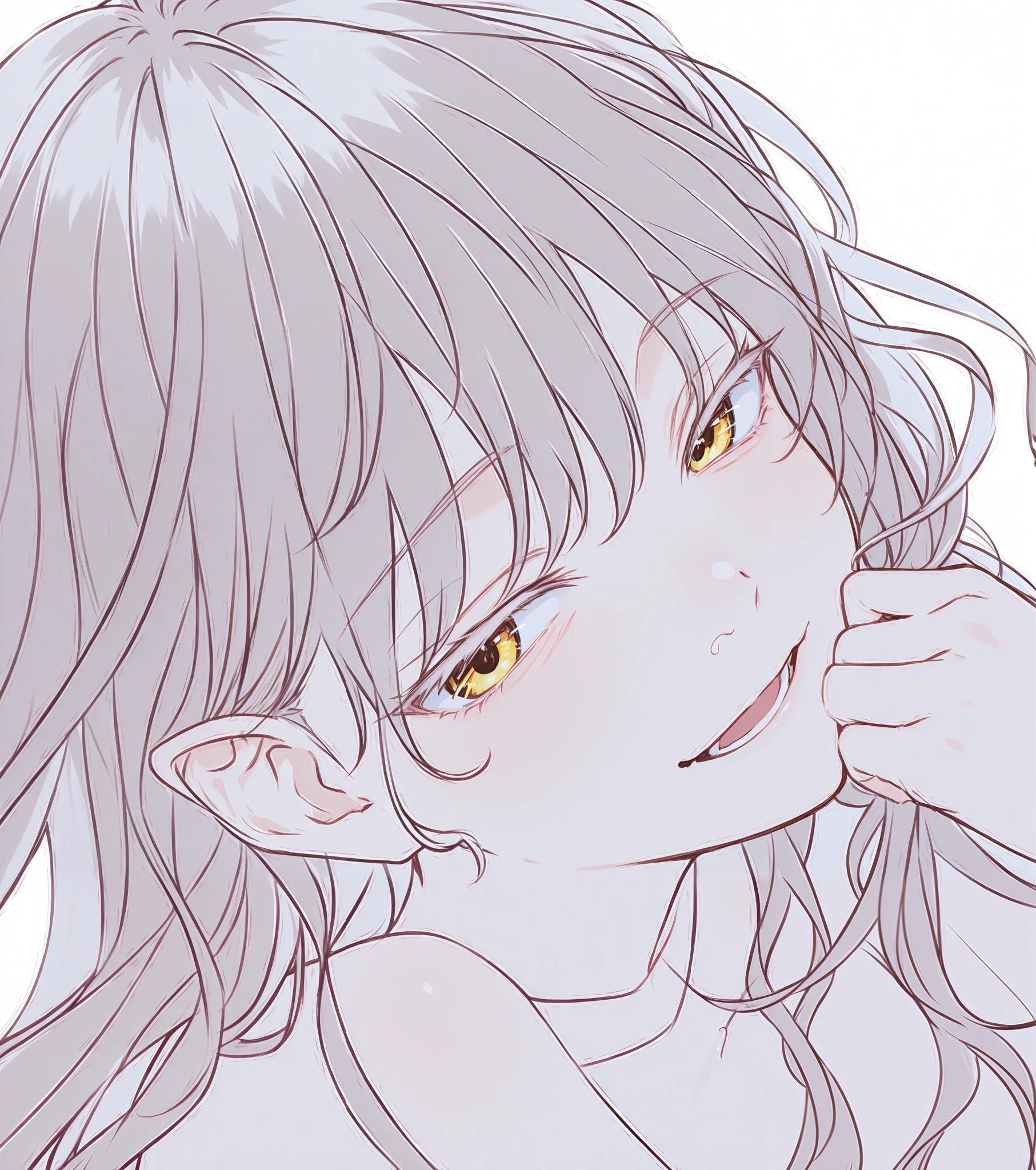 Use the same composition and hair style as the attached image, and I want them to have white hair and golden eyes, so create the picture with the same image as the image of the model exeploits above