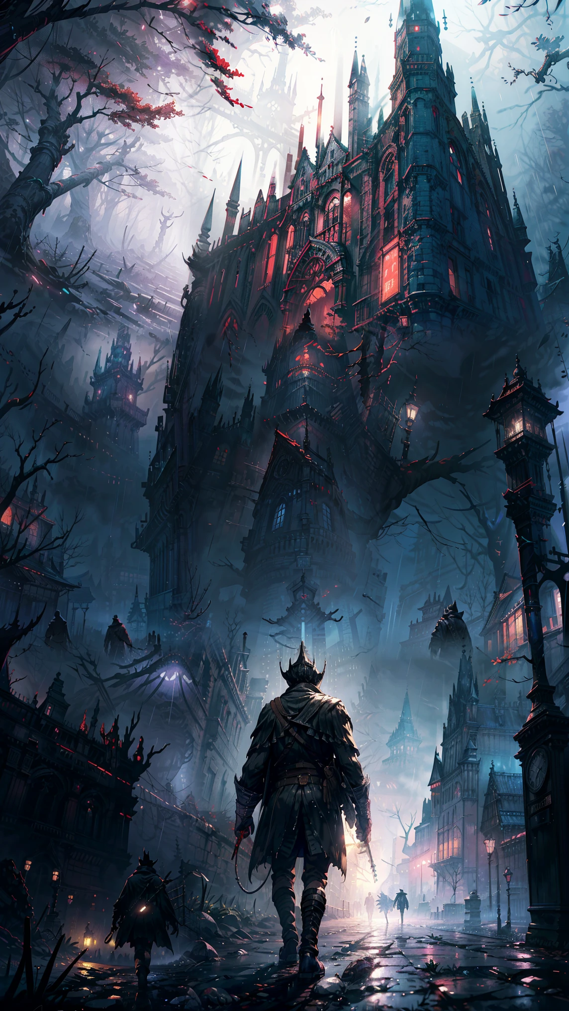 Anime - Style illustration of a man walking in a red forest in the rain, cyberpunk in foliage, Makoto Shinkai Cyril Rolando, handsome guy in demon killer art, illustration art, A beautiful artwork illustration, concept art digital illustration, anime lush john 8k woods, bloodborne style, dark high-contrast art, bloodborne art