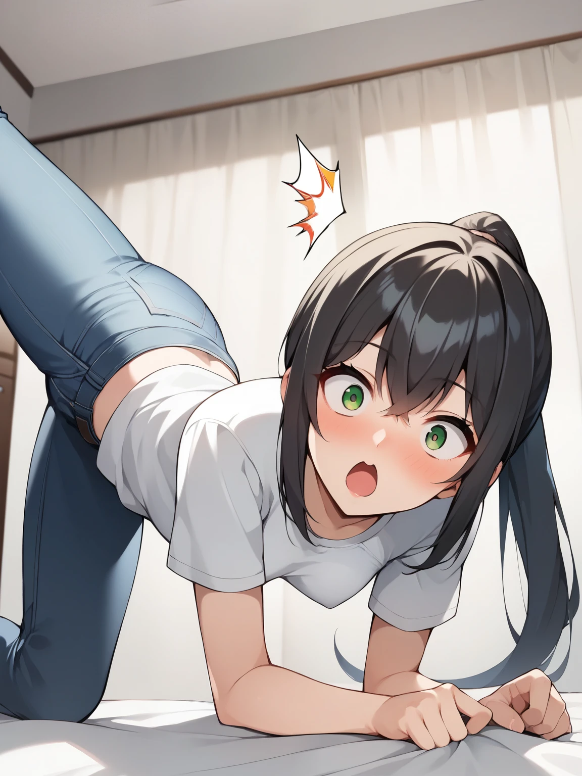 score_9, score_8_ up, score_7_ up, score_6_ up, score_5_ up, score_4_ up, source_Anime BREAK,nsfw, best quality , masterpiece , masterpiece , S uper detailed , best quality, ((( shows off split bangs , long hair, ponytail,bangs,Thin face,Sharp green eyes, small breasts, white blouse, Navy Jeans ,Surprised, blushed))), Super high quality , so delicate and beautiful , hyperdetail ,Dynamic resolution , Sharp Concentration , anime style, on all fours, from below, indoor,bedroom, girl ,