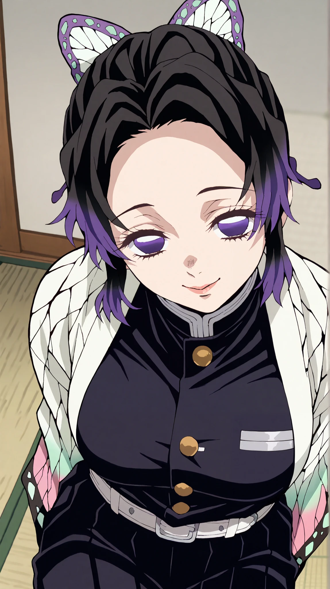 Shinobukochou
High quality ,  top quality , masterpiece,  high res, detailed face ,anatomically correct ,
 1 girl, Alone, 1 woman ,solo, Detailed hairstyles (lora: Shinobu Kochou)
,  Shinobu Kocho,   black tied hair  ,,  butterfly hair ornament,  purple eyes,  shortcuts,  slightly larger breasts, short hair with shadows, short hair
Black pants , demon Slayer uniform no hairi,  Long Sleeve ,Bangs that expose the forehead,
indoor, Japanese-style room,Tatami
Turn your gaze ,
seductive smile,  hands behind,Arms behind back, chest, side view, hot, thick, tight uniform, camera down angle, viewer looking below her, close up shot to the chest, looking below, no haori , shest shot angle