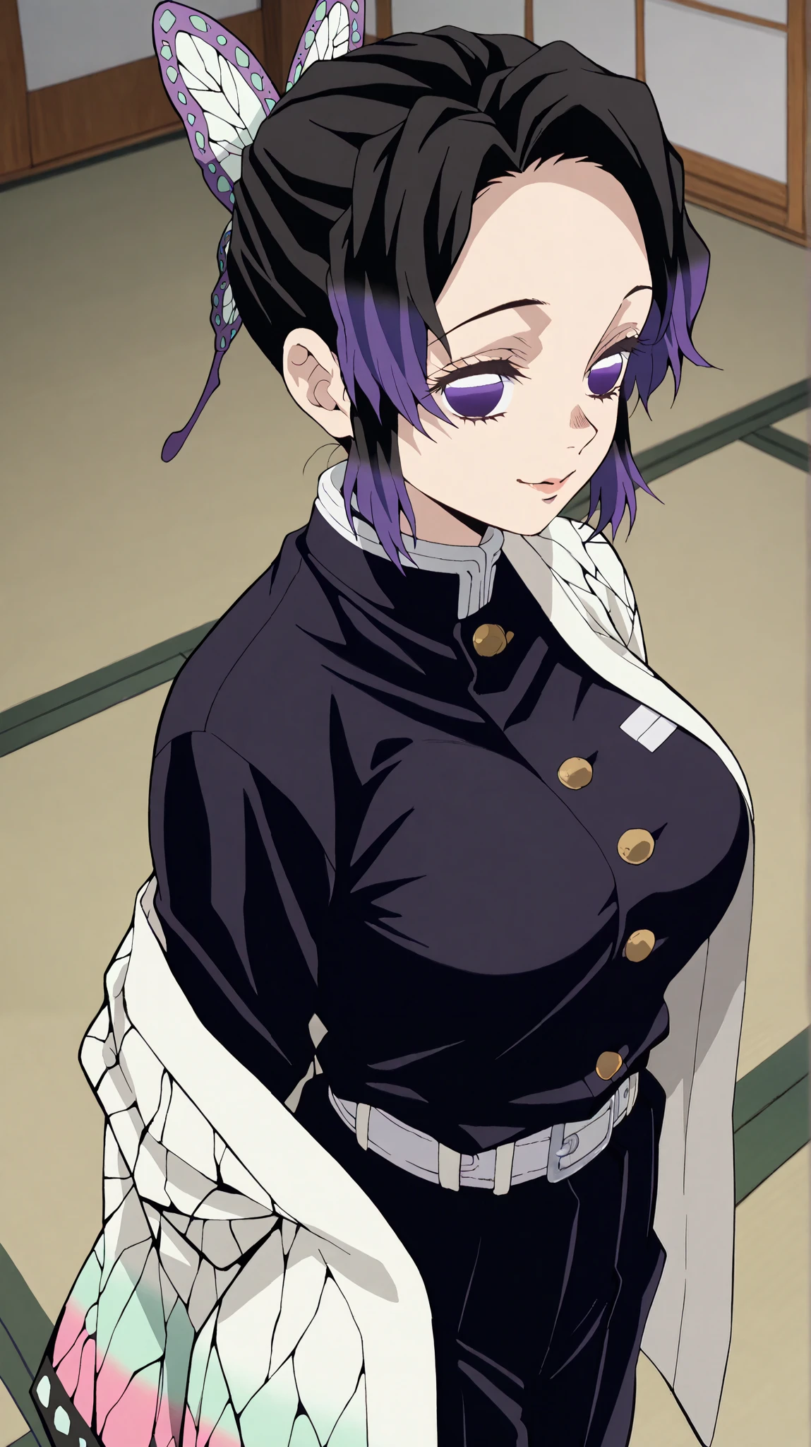 Shinobukochou
High quality , top quality , masterpiece, high res, detailed face ,anatomically correct ,
1 girl, Alone, 1 woman ,solo, Detailed hairstyles (lora: Shinobu Kochou)
, Shinobu Kocho, black tied hair ,, butterfly hair ornament, purple eyes, shortcuts, slightly larger breasts, short hair with shadows, short hair
Black pants , demon Slayer uniform no hairi, Long Sleeve ,Bangs that expose the forehead,
indoor, Japanese-style room,Tatami
Turn your gaze ,
seductive smile, hands behind,Arms behind back, chest, side view, hot, thick, tight uniform, up shot angle, viewer looking below her, close up shot to the chest, looking below, no haori , shest shot angle, near chest, closer view