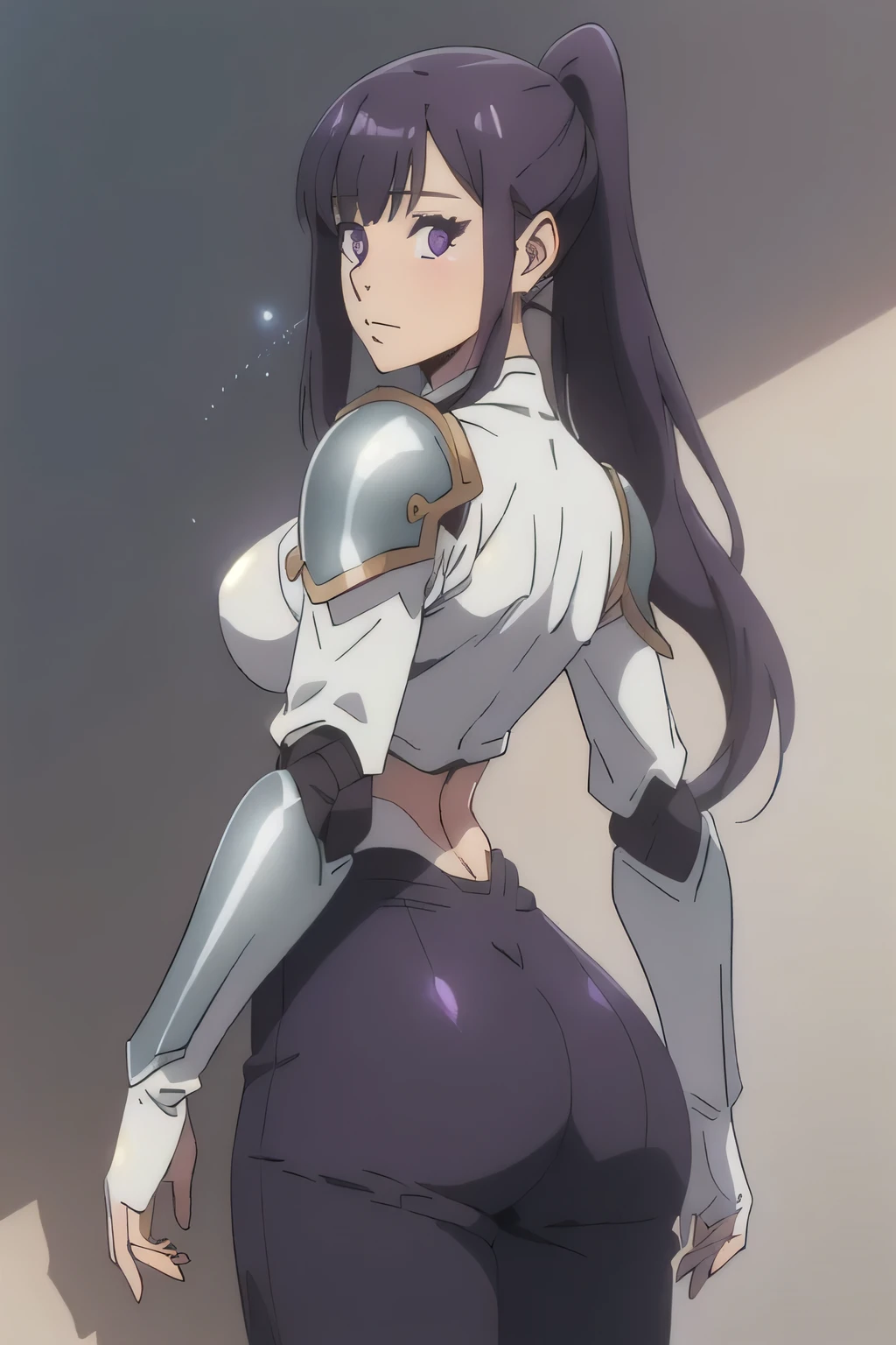 masterpiece, best quality, 1girl, solo, standing, marciana, very long hair, crop top, epaulettes, white pants, white gloves, narrow waist, wide hips, looking at viewer, thigh strap, huge ass, from behind, looking back, butt crack, back, midriff