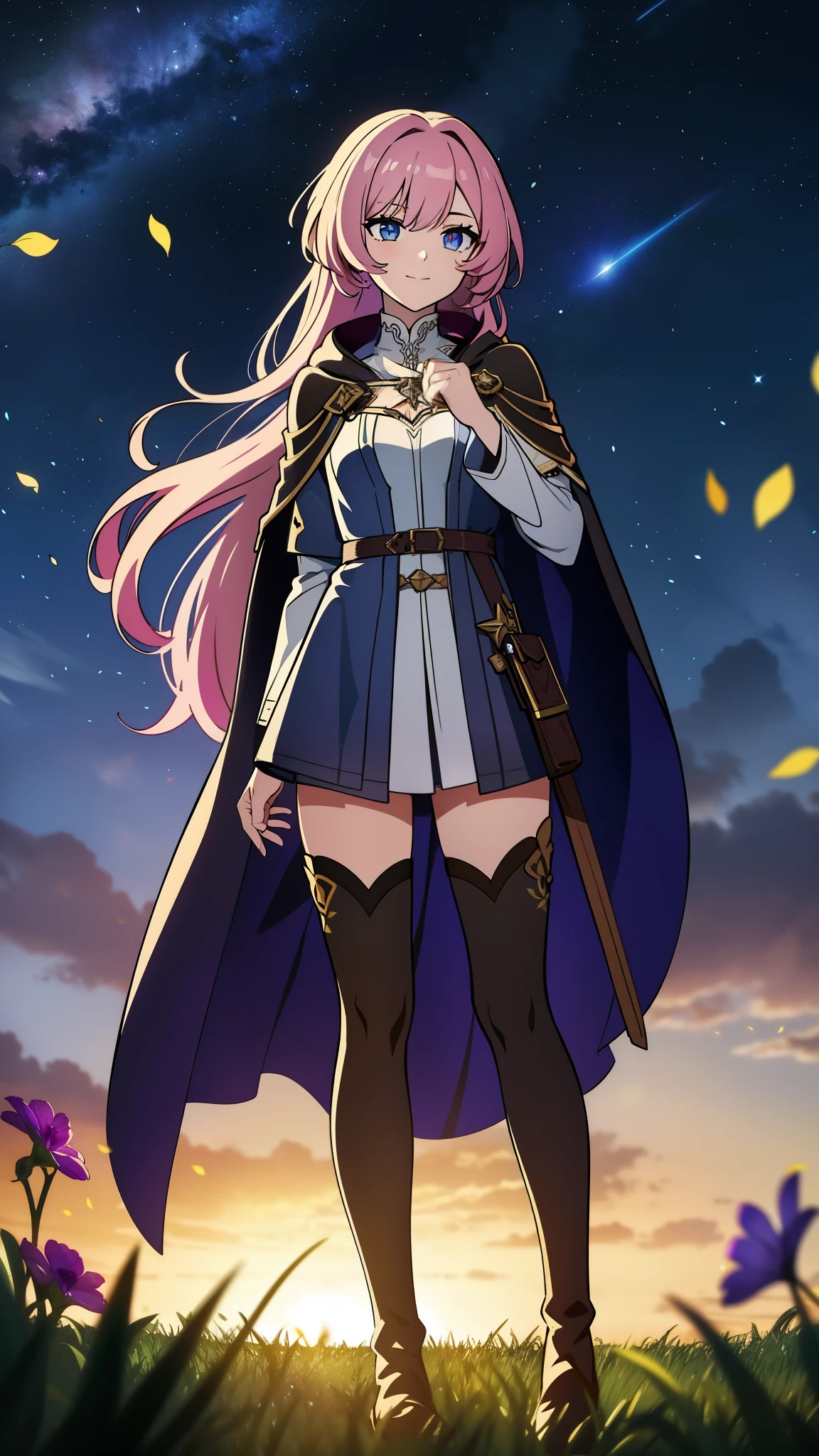 (high-quality, breathtaking),(expressive eyes, perfect face) portrait, 1girl, female, solo, young , black and pink hair, pink eye color, long hair length, soft wavy hair, gentle smile, loose hair, side bangs, looking at viewer, portrait, full shot, happy expression, ribbon in hair, flower in hair, fantasy clothing, elegant, mature, height 4"3, adventurer attire, druid attire, warlock profession, short height, Dungeons & Dragons character, jacket, dress, cape, Firefly Honkai Star Rail Character, flower petals, Firefly, starry sky, dawn in the distance, shooting stars, backgroound, flower field, scenary, cloudy sky, grass, trees, flower petals, leafs, white flower, field, blue flower, standing in field of flowers, boots, black thigh socks, druid, plant muse