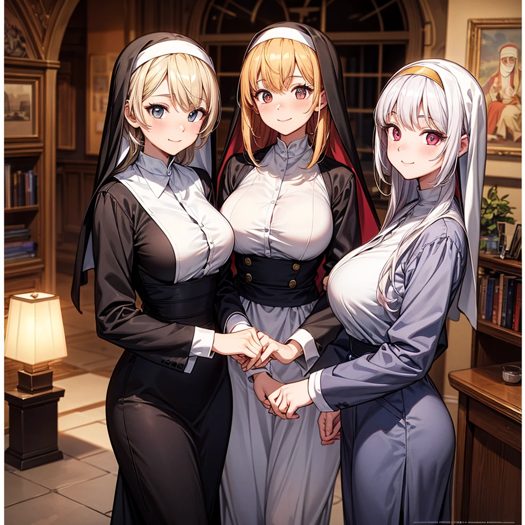 最high quality, 8k, High resolution, high quality, masterpiece, beautiful, (Anatomically correct:1.2), 10 generations, A beautiful woman, Silky pale blonde, , Short Bob Hair, Straight bangs, Green Eyes, thread, Beautiful Skin, Attractive person, (Big Breasts), younger sister, (Black monastic vestments), Black Veil, Church Confession Room, One girl, smile, vapor, 
