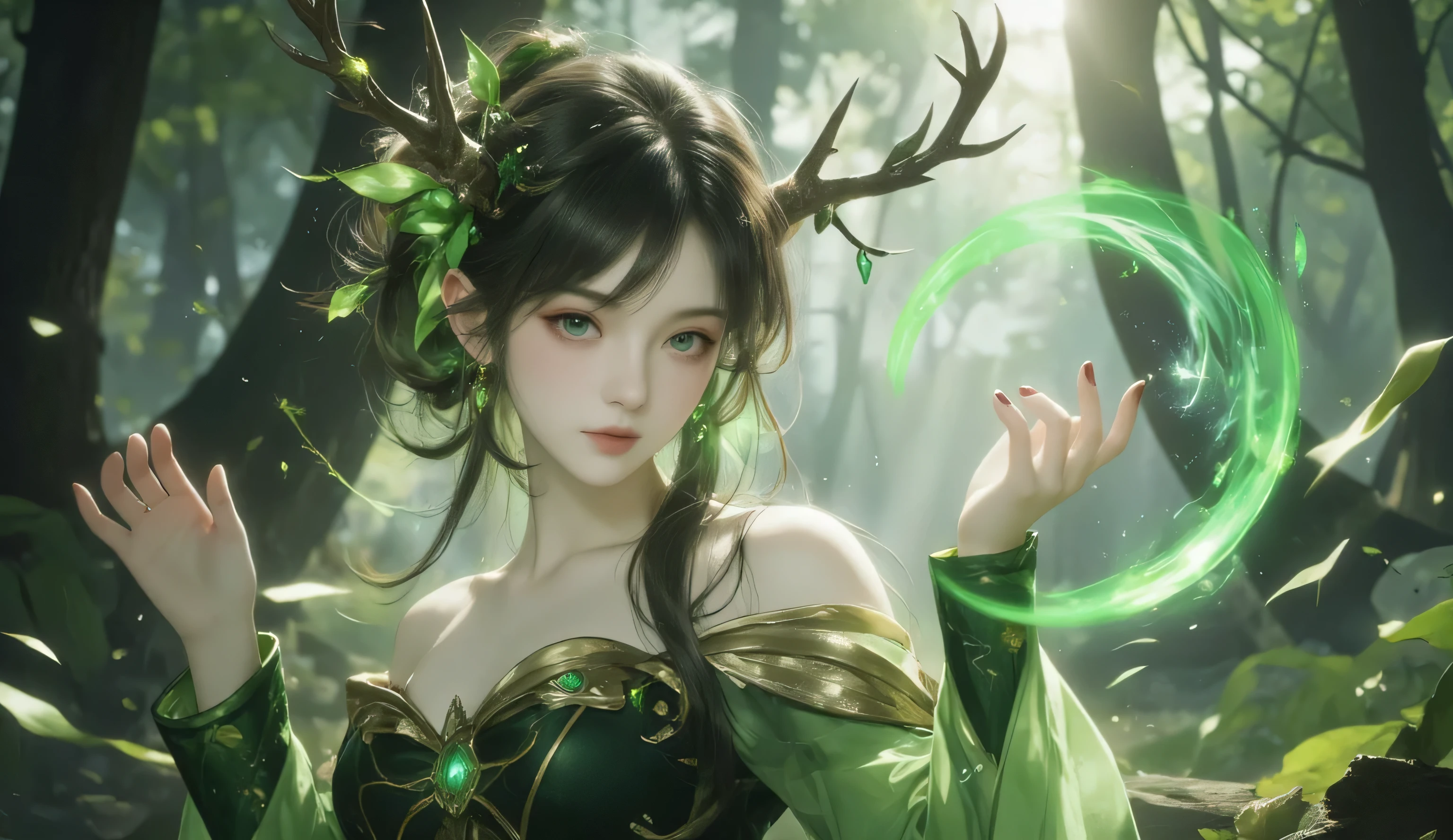 A mesmerizing female elf with delicate green-tinted hair flowing gracefully past her shoulders, standing in a magical forest. She has elegant antler-like branches adorned with small glowing green leaves, giving her an aura of nature's guardian. Her piercing emerald green eyes shimmer with wisdom and mystery, while her pointed elven ears accentuate her otherworldly beauty.
She wears an intricate, form-fitting green and gold dress, with patterns resembling leaves and vines that emphasize her connection to nature. Her chest is adorned with a glowing emerald jewel, and her graceful fingers delicately conjure a glowing, swirling magical energy in the air, radiating with vibrant green light.
The background features a mystical forest bathed in soft sunlight filtering through the dense canopy, with scattered leaves gently floating around. The atmosphere is tranquil yet enchanting, evoking a sense of magical serenity.
