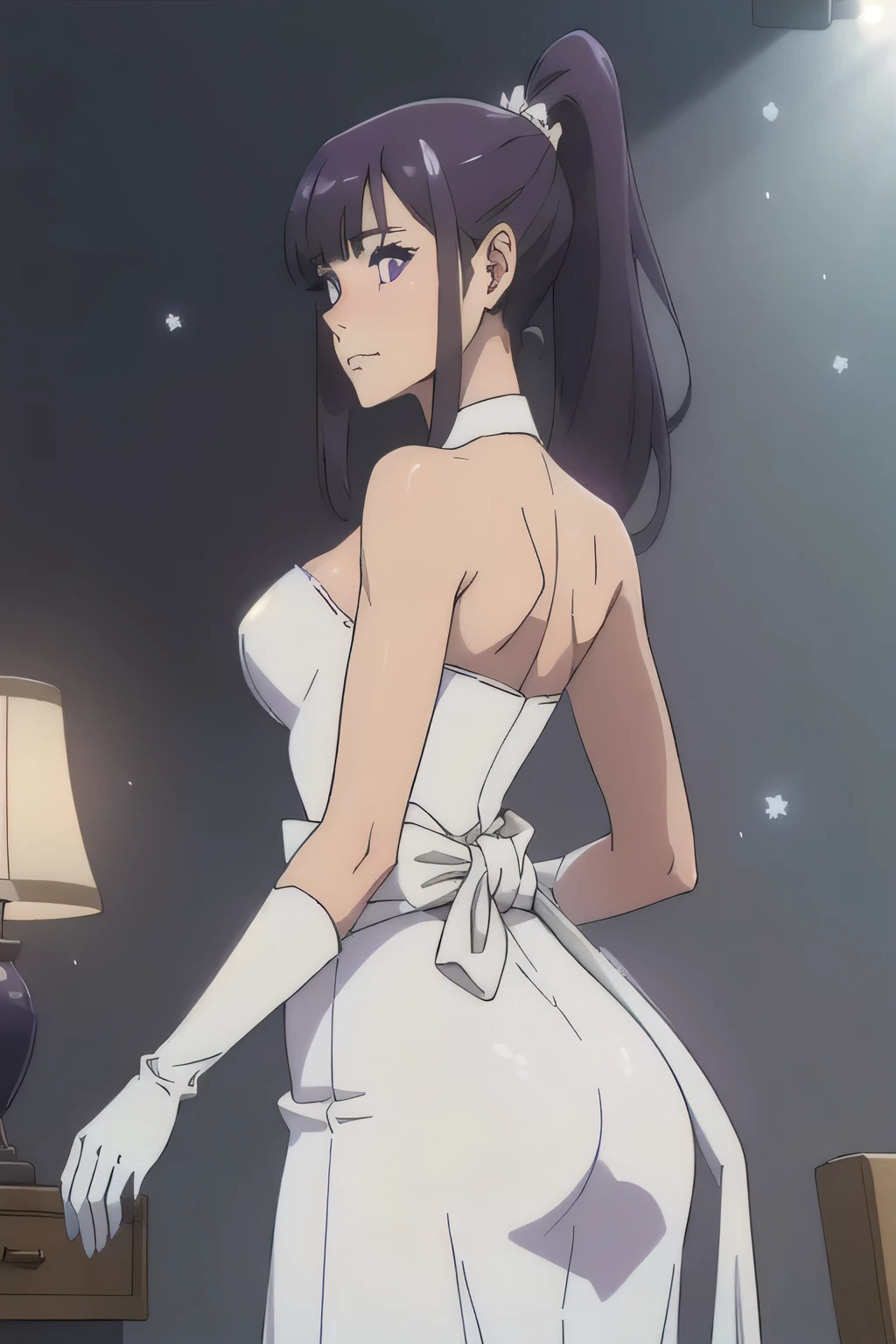1 girl in, 18, photo of Sung Jinha, Solo Levelling Waifu, photo of perfect woman, Solo, Aesthetic artwork, (long hair, straight purple hair, long ponytail, dark purple hair, bangs: 1.25), (violet eyes, clear skin, fare skin, small breasts, B-cup, runners body, very thin waist, skinny, petite, detailed skin texture, (Masterpiece), (shot from behind, up skirt, focus on ass:1.2), (blank background, plain background, blank wall, (wearing a massive huge prom dress, debutante dress, ball gown, opera gloves, evening gloves, long gloves, evening gown, sash, strapless, jewellery, tiara, (white as snow outfit), (extremely detailed 8k wallpaper), soft lighting, high quality, film grain, 50mm, High Detail, Sharp focus, (natural light), (cowboy photo:1.2), light particles
