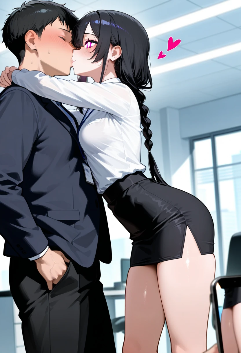 The male protagonist is talking to a woman with long black hair dressed in business attire., The woman is smiling.、Photography is fun, 5 Gorgeous Office NSFW,SEX