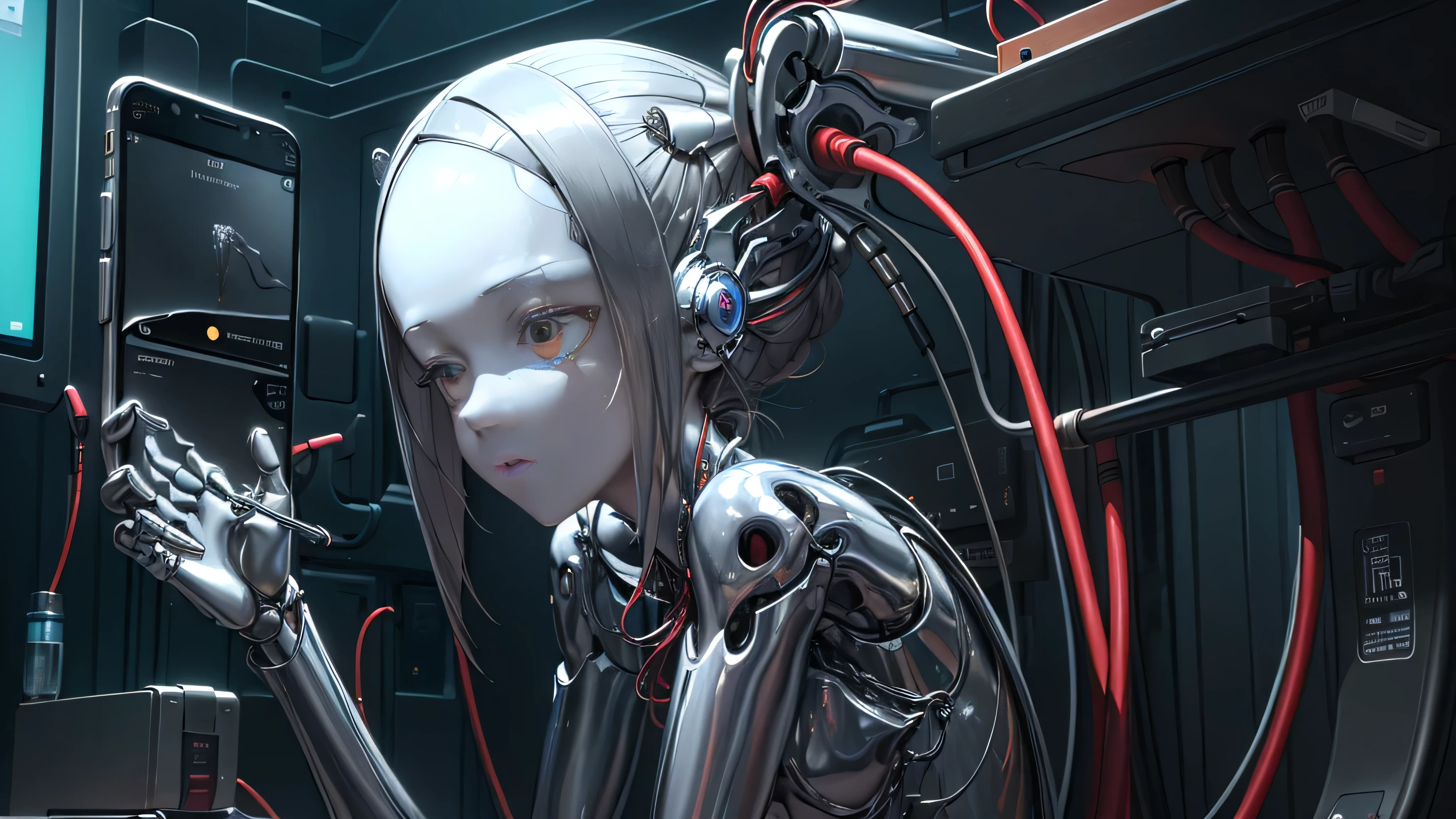 (((masterpiece))), (((best quality))), ((Super detailed)), (Highly detailed CG illustrations), ((extremely delicate and beautiful)),(Cute and delicate face),Light,((1Mechanical Girl)),alone,whole body,(Machine made joints:1.4),((mechanical limbs)),(Erupting muscles),(The blood vessels are connected to the tube),(a brain in container:1.3),((Mechanical vertebrae attached to the back)),((Mechanical cervical spine attached to the neck)),((sitting)),Poker face,(wires and cables attached to head and body:1.5),small breasts,short hair,(Character focus),Science fiction