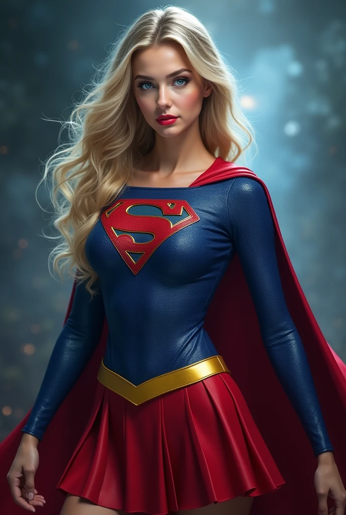 A SEXY AND BUSTY 17 YEAR OLD YOUNG TEEN GIRL WITH BLONDE HAIR DONE UP NICLEY, AND DAZLING BLUE SAPHIRE EYES, WEARING A SPANDEX 1984 BLUE SUPERGIRL COSTUME COMEPLETE WITH A LONG READ PLEATED SKIRT WITH A YELLOW SUPERGIRL BELT, A PAIR OF RED HEELED BOOTS WITH YELLOW TRIM, AND A LONG FLOWING RED CAPE WITH THE GOLD "S" EMBLEM. RED LIPSTICK, RED FINGERNAILS. INCREDIBLY DETAILED GLOWING SKIN, INCREDIBLEY DETAILED FACE, INCREDIDBLEY DETAILED CLOTHING, TEXTURED SKIN PORES, TEXTURED HAIR, 8K ABSURD RESOLUTION, MASTERPIECE. PHOTO REALSITIC, HYPER REALISTIC. MYSTICAL BACKGROUND. 16K RESOLUTION. PREFESSIONAL GRADE IMAGE.