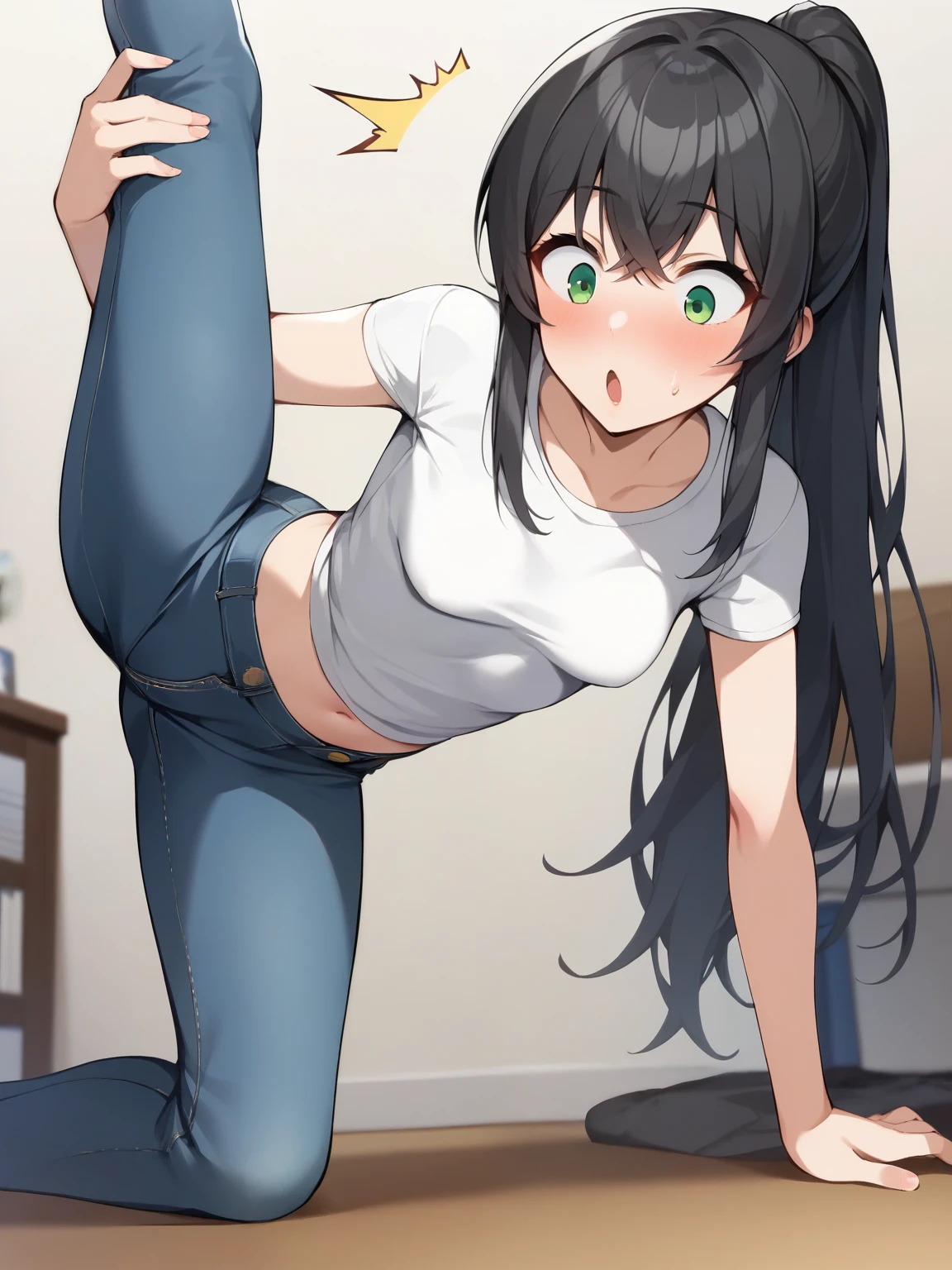 score_9, score_8_ up, score_7_ up, score_6_ up, score_5_ up, score_4_ up, source_Anime BREAK,nsfw, best quality , masterpiece , masterpiece , S uper detailed , best quality, ((( shows off split bangs , long hair, ponytail,bangs,Thin face,Sharp green eyes, small breasts, white blouse, Navy Jeans ,Surprised, blushed))), Super high quality , so delicate and beautiful , hyperdetail ,Dynamic resolution , Sharp Concentration , anime style, on all fours, from below, indoor,bedroom, girl ,
