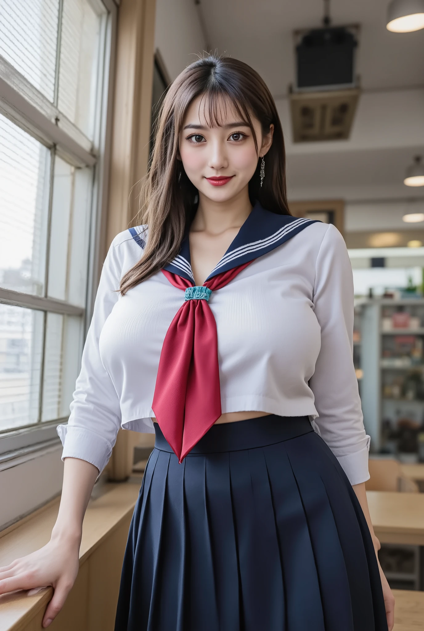 (16k、 RAW photos ,  best quality, masterpiece)、(Actual photo:1.2)、( realistic pictures:1.5)、 cinematic pictures 、 Cinematic Quality 、 Learn more,  beautiful eyes,  very detailed and beautiful ,  amazing details 、 BEAUTY WITH PERFECT BODY 、 real face ,  detail the face down to the smallest detail、 dark-haired woman、 gals、Curly Hair、 long hair、Korean Girls、Beautiful older sister、 cute beauty with perfect body、 glowing skin、 glossy lips 、 high resolution face and skin texture、 detailed eyes 、double eyelids、Eyes are black、Eyes are black、 with bangs、 angle from a distance 、Overall angle、full body、Women face the front、 high school student uniform、School、indoor、 in front of Tokyo Tower