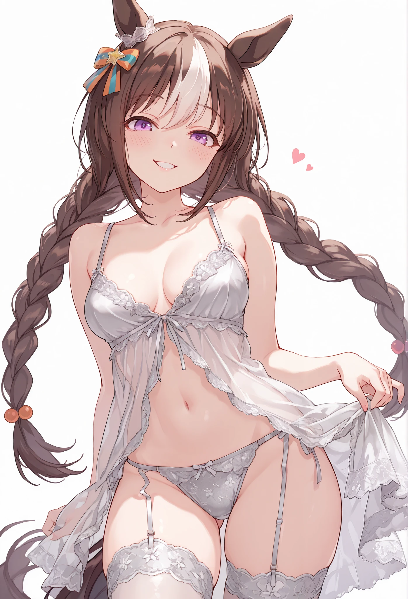 {{{Masterpiece}}}, {{{ best quality }}}, {{ More details}}, {illustration}, {{ very delicate and beautiful }}, detailed skin, detailed eyes {{{Uma Musume}}},{{{ Hokko Talmae :1.7}}},{ white silver open front babydoll},{silver lace panties },{ white silver lace stockings },{white lace garter},{(naughty face} {{{ ahe face :1.7}}},},{{{Prostitute:1.6}}} black hair, D cup breasts, braids,Right Ear Ornament