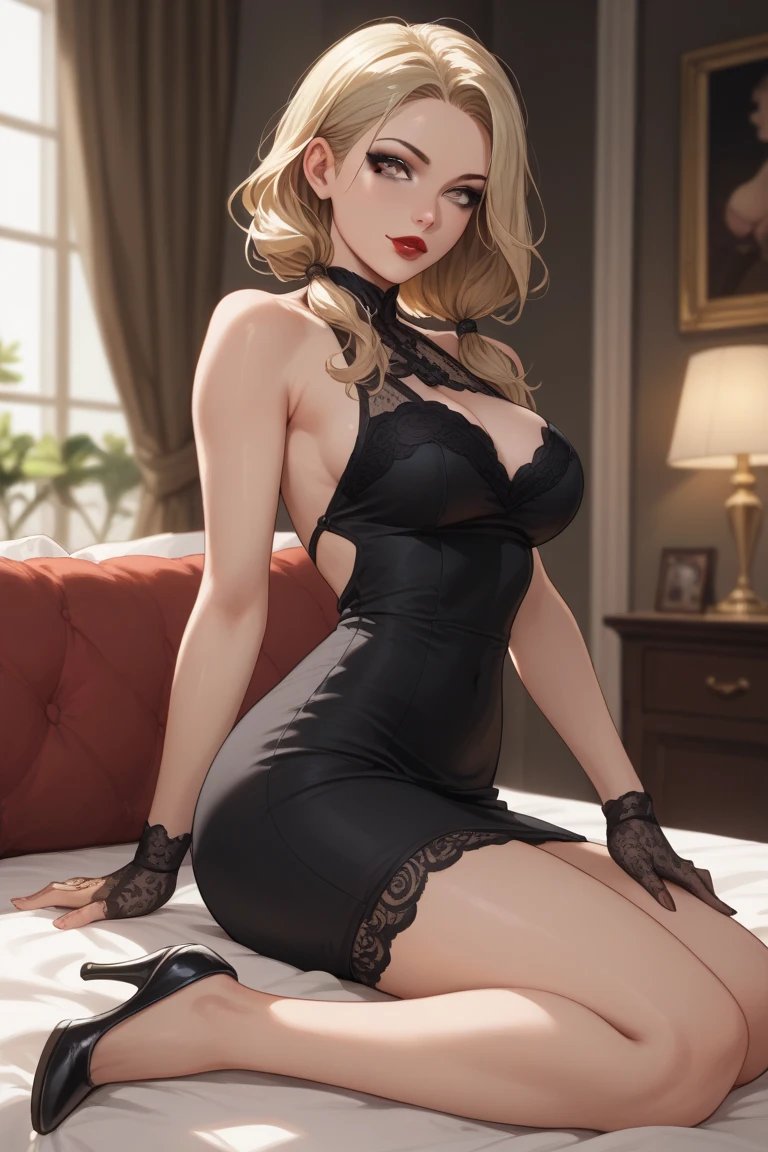 masterpiece,best quality,4K,8K,intricate detail,amazing quality,amazing shading,soft lighting,Detailed Illustration,ultra detailed skin,ultra detailed face,ultra detailed body,perfect eyes,small skin imperfections,parted lips,1girl,ruanyi0070,see-through,covering,tight dress,lace,black thighhighs,long sleeves,black dress,puffy nipples,pussy,pantyhose,