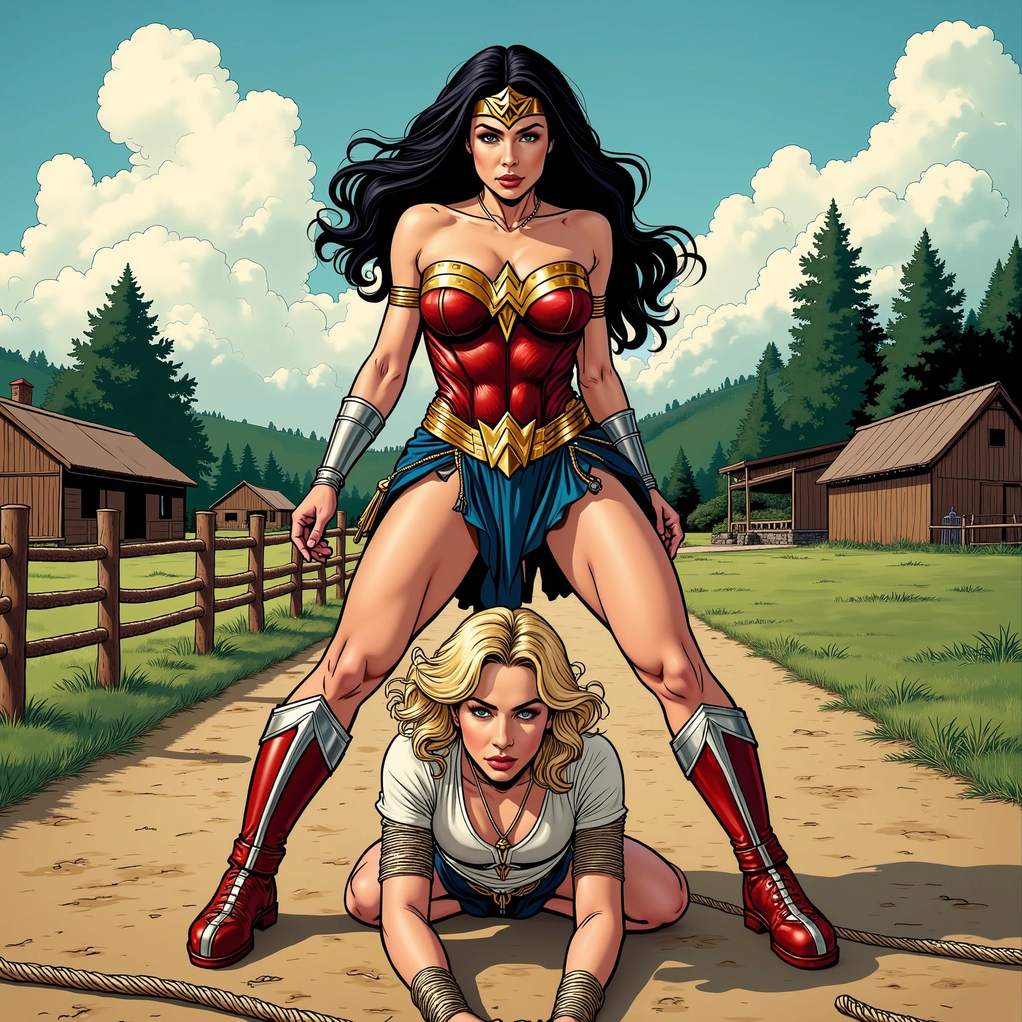 2girls, ((Wonderwoman)), domina, she is dominating submissive ((blond haired)) female dressed in white blouse, rope bondage, submissive , bound, farm setting , cartoon style, comics style