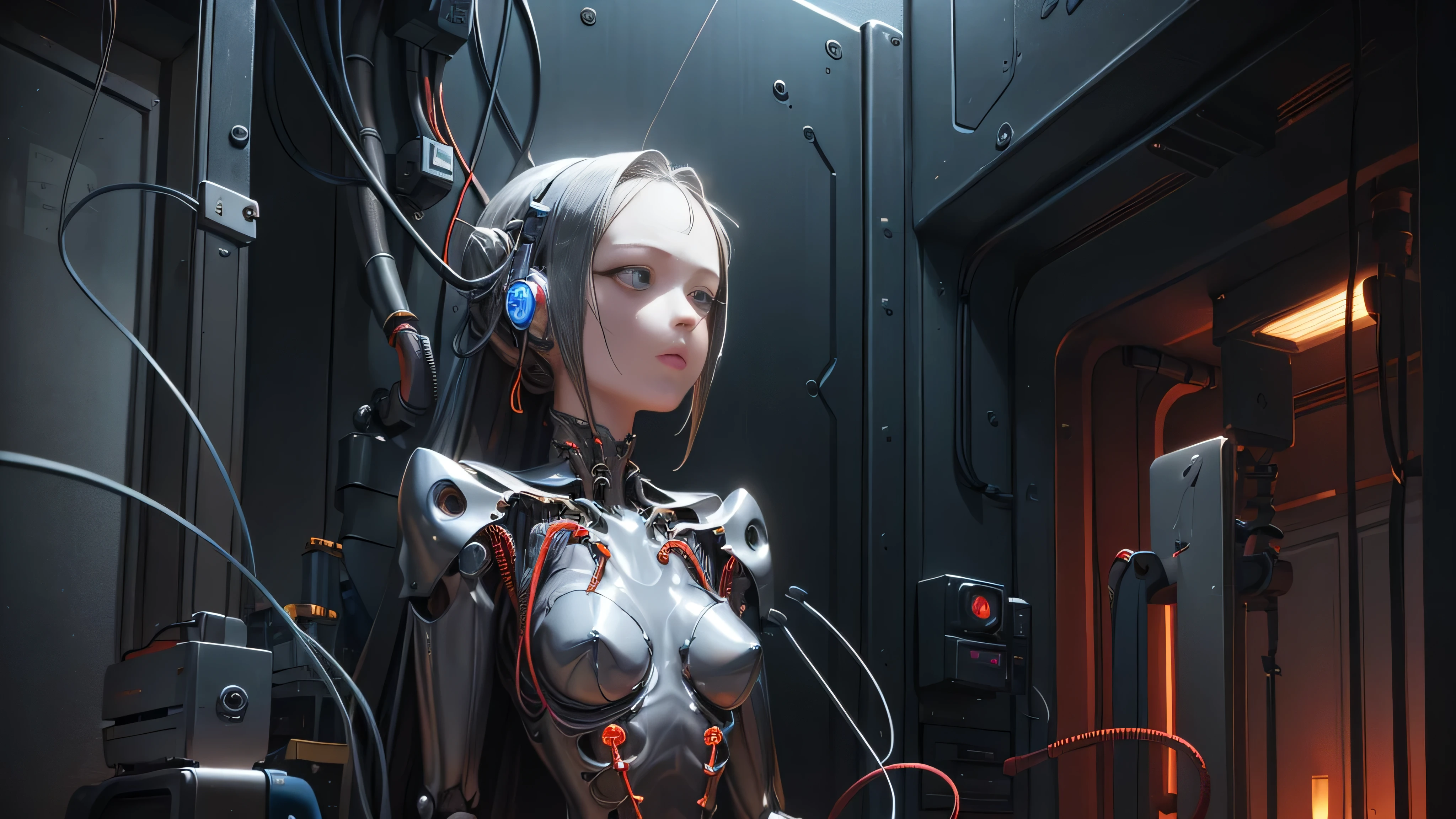 (((masterpiece))), ((best quality)), ((ultra-detailed)), (CG illustration), (an extremely devious and beautiful)), (cute desktop face), cinematic light, ((1 mechanical girl)), single, full, (machine-made joints). : 1.4), ((mechanical limb)), (blood vessel attached to tube), ((mechanical spine attached to back)), ((mechanical cervical vertebrae attached to neck), ((war machine)), expressionless, (wires and cables attached to head and body: 1.5), (character focus), science fiction