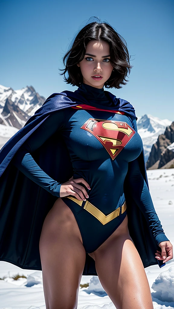 Tight White dress, red cape, Blue belt, blue gloves, big breast, realistic, Black hair details