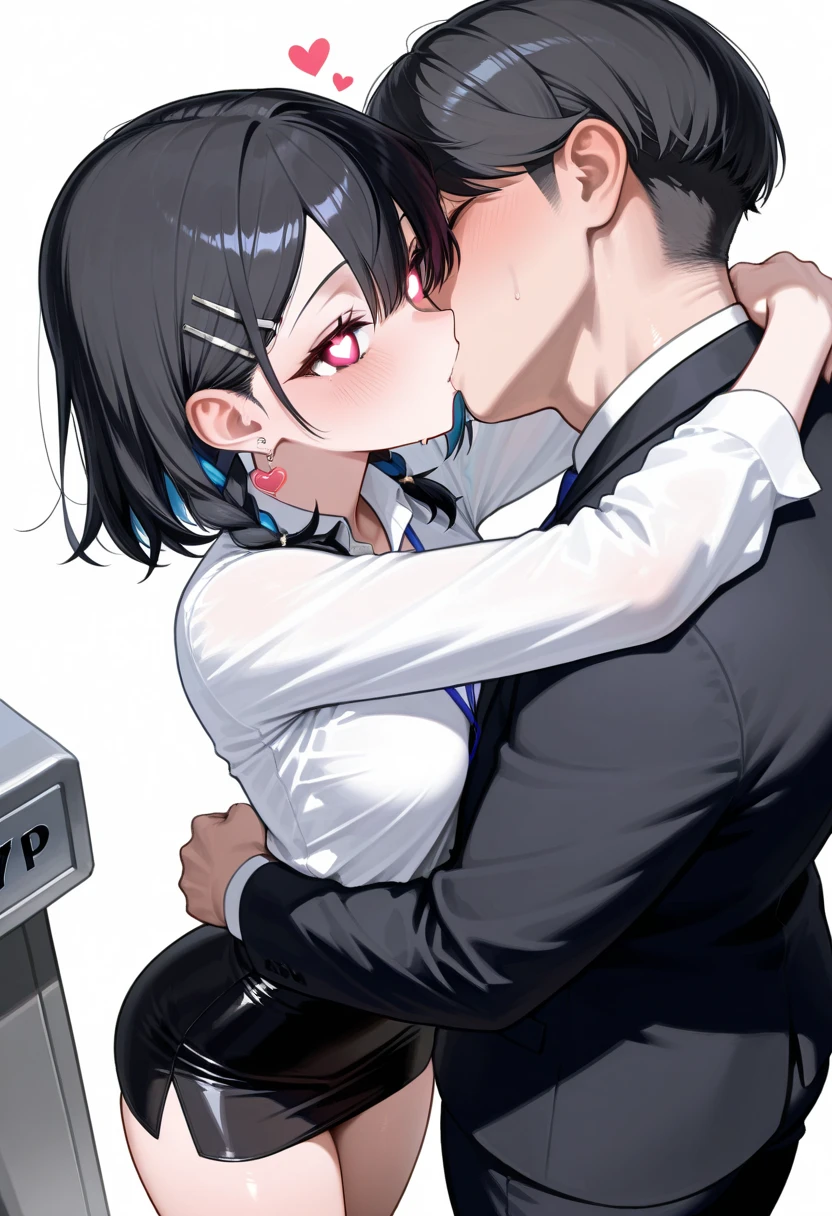 1boy,1woman,mature woman sucking boy's penis,blowjob,woman,black hair,woman focus,penis in mouth,sweaty,bowtie,dress shirt,at nightclub,cum,detailed skin,sucking,open eyes,trembling,short hair,teary eyes