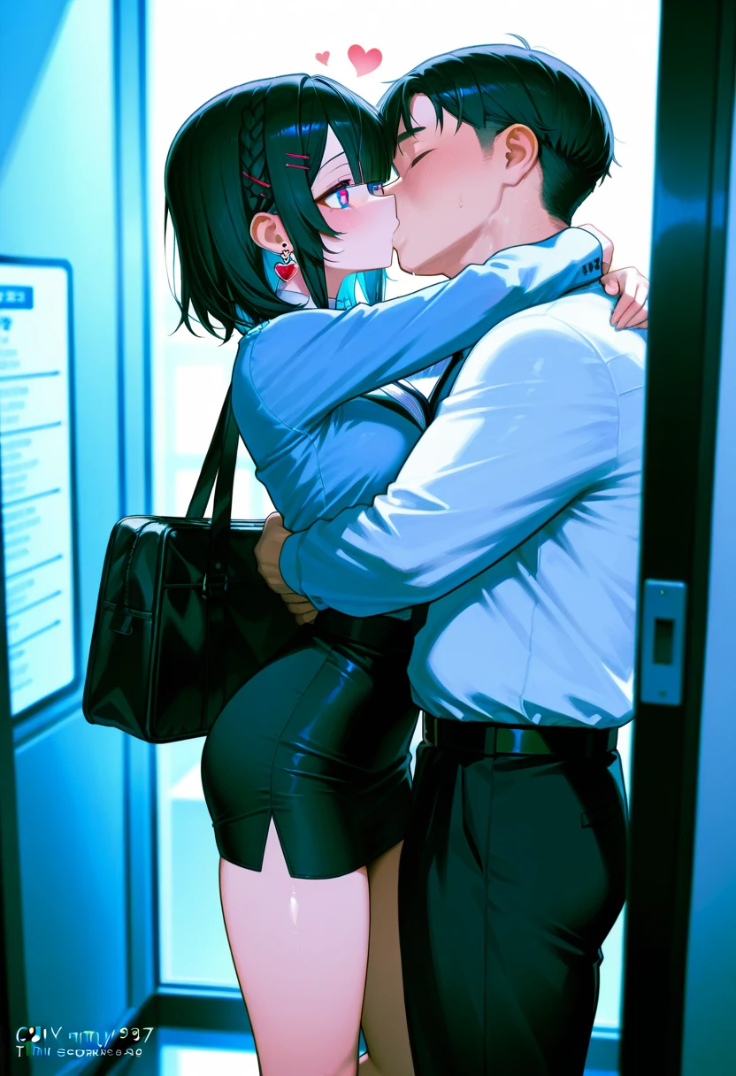 SFW, Realistic, masutepiece, VERY crowded subway train interior detailed scenario, VERY crowded subway train interior detailed background, Insanely hot standing (woman 1) Use something sexy ((School uniform)), (Highlights hair, long dark purple hair,beautiful detailed body, detailed sparkling purple eyes,)、(Indigo eyes)、(Mole under the mouth)(((Lifted skirt)),(Big breasts)、 (Big ass), (thick thigths), (fear expression), blushed face, old small man ass groping woman 1 from behind,(((old small man pressing his chest on woman 1 back))) And (((holding her waist behind her)))