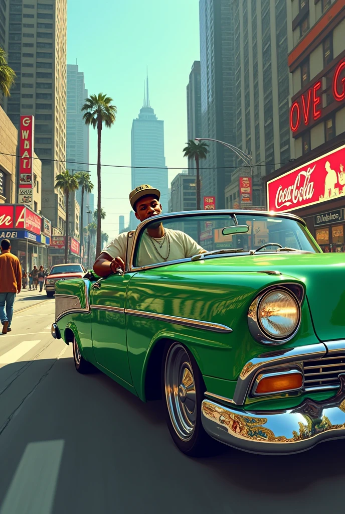 Generate Carl Jhonson from GTA San Andreas driving a green Lowrider through the streets of Los Angeles