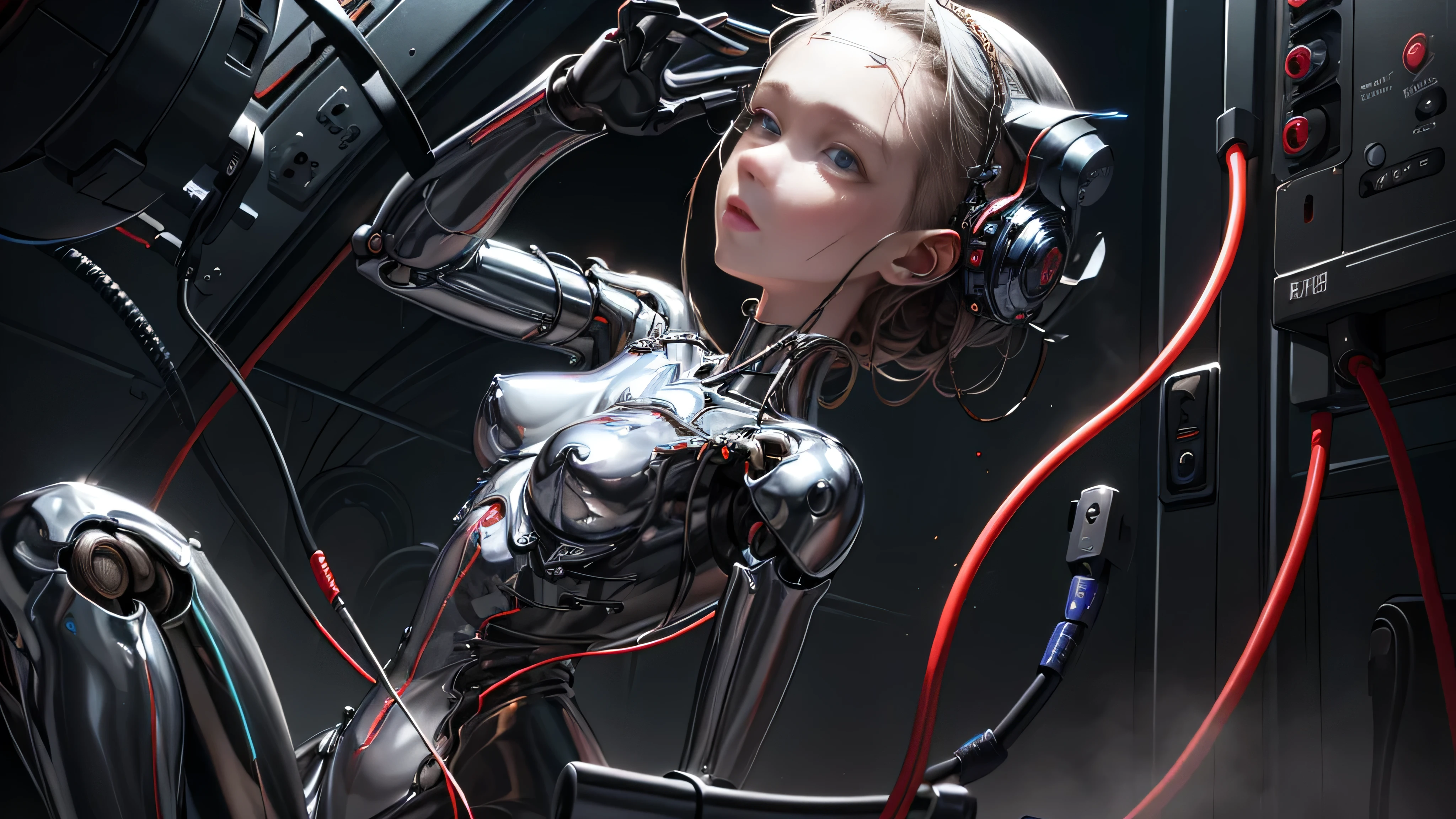 (((masterpiece))), (((highest quality))), ((Very detailed)), (Highly detailed CG illustrations), ((Very delicate and beautiful)),(Cute and delicate face),Light,((1. Machine Girl)),alone,whole body,(Machine made joints:1.4),((Mechanical Limbs)),(Muscles swell),(The vessel is connected to the tube),(Brain in a container:1.3),((Mechanical vertebrae attached to the back)),((Mechanical cervical spine attached to the neck)),((Sitting)),poker face,(Wires and cables attached to head and body:1.5),Small breasts,short hair,(Character Focus),sf,Lying down,Forehead out