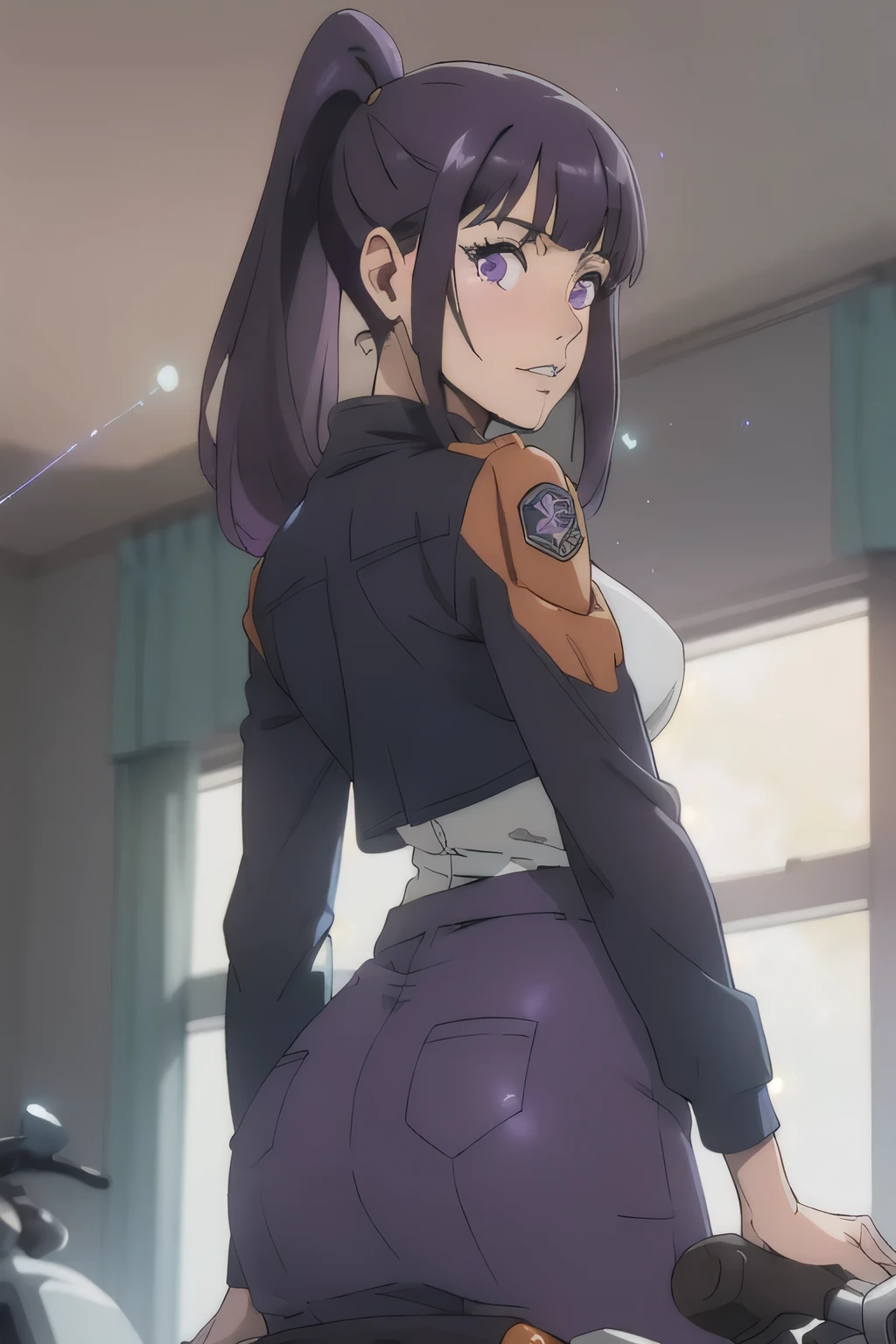 1 girl in, 18, photo of Sung Jinha, Solo Levelling Waifu, photo of perfect woman, Solo, Aesthetic artwork, (long hair, straight purple hair, long ponytail, dark purple hair, bangs: 1.25), (violet eyes, clear skin, fare skin, small breasts, B-cup, runners body, very thin waist, skinny, petite, detailed skin texture, (Masterpiece), (shot from behind, up skirt, focus on ass:1.2), ((she is wearing a Biker Clothes, leather riding jacket, Riding a motorbike, Sweet Shy Face, Relaxed and beautiful face, perfect lips, Military base, military tent, military Jeep,(extremely detailed 8k wallpaper), soft lighting, high quality, film grain, 50mm, High Detail, Sharp focus, (natural light), (cowboy photo:1.2), light particles