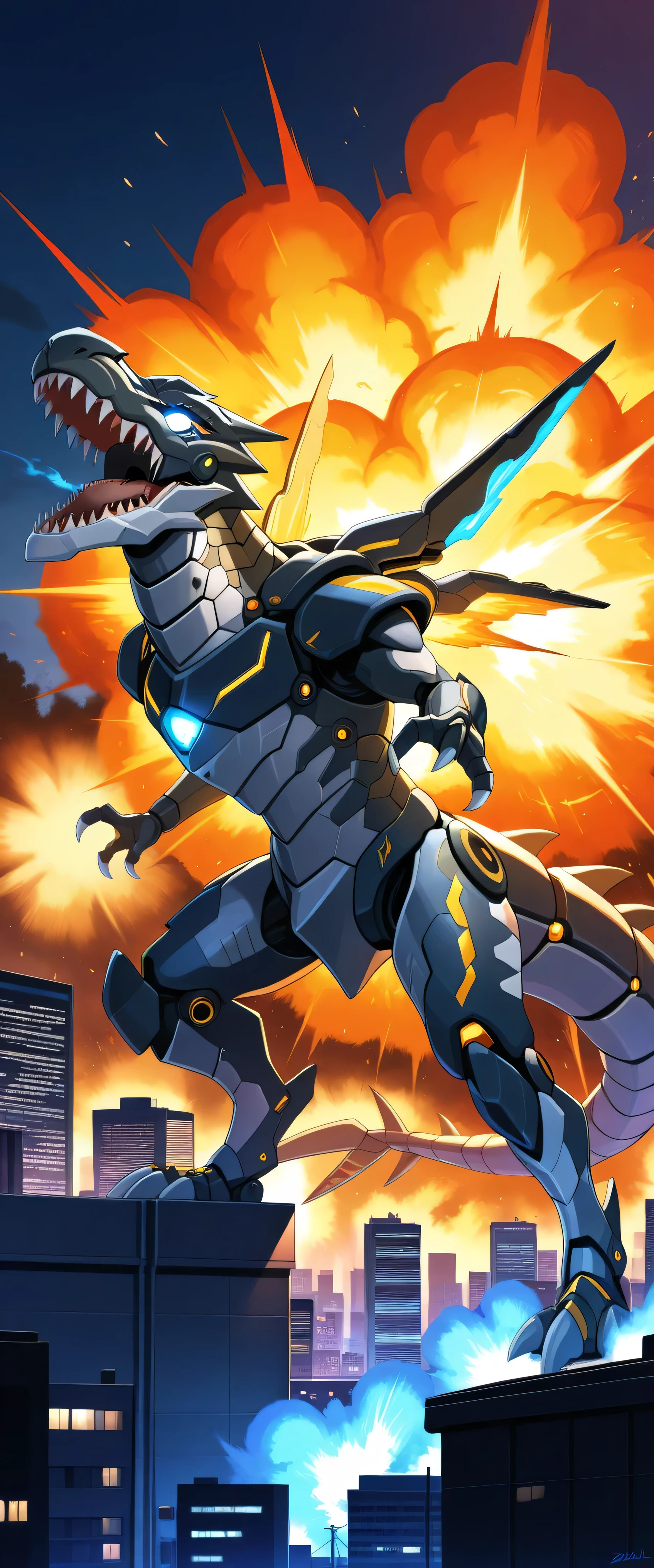 (score_9:0.9),score_8_up,score_7_up,rating_safe,(zPDXL3),(zPDXL), no humans,sharp teeth,solo,open mouth,standing,blue glowing eyes,from side,full body,mechanical tyrannosaurus rex,dinomorphia rexterm,mechanical booster, yellow and blue armor, cityscape,city,burning,explosion,masterpiece,best quality,amazing quality,very aesthetic,absurdres,newest