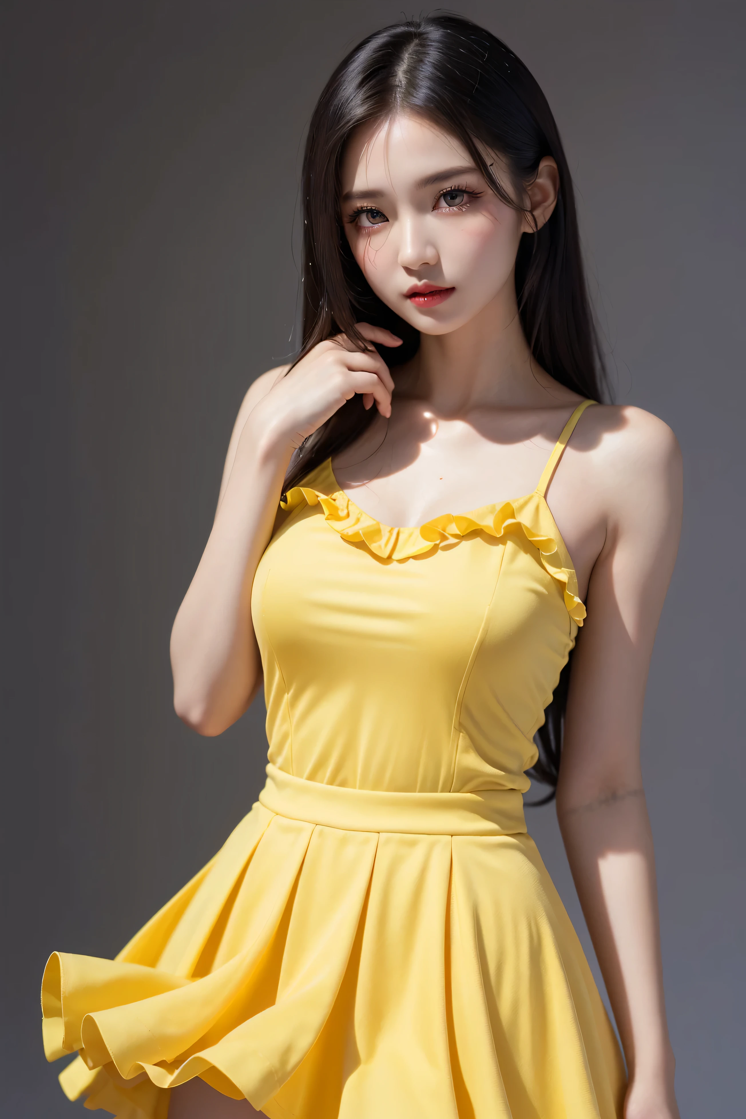 masterpiece, black hair, beautiful, elegant. Ultra-fine details, masterpieces, realistic textures, realistic cinematic lighting, perfect work, 8k, HD, delicate facial features, (Image from thighs to head), large breast, (Japanese idol:1.2), smile, Playful yellow sundress, Vibrant, Joyful, Sunny garden, Fluttering butterflies,