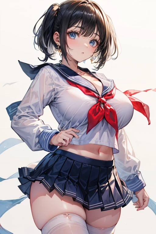 Girl in 1、A masterpie、beautiful  lighting、Detailed beautiful face、Detailed beautiful eyes、a highres、Ultra-fine illustration、extremelydelicateandbeautiful、beste Quality、The whole body is shown、squattting、Open legs、(熟女:1.2), 独奏, 30s、(Brown skin:1.5), (silver-hair, Bob cut hair,Red eyes),, Curvaceous, (lustrous Some hair, gloss eyes, shinny skin), Laugh, smile on face, (shining skin:1.2), 、thights、arm behind head、Raise your arms、armpit、front facing、((sailor clothing、onepiece)),Pichi Pichi clothes、enamel、ratex、Short skirt、a school uniform、The navel is visible、pelvic curtain、Armpits、smile on face、black thighhighs、Watch your audience、under-boobs、Black belly、Blushed、sweats、Jeweled、thick thigh、Parting lips、pantyhose、Blushing cheeks、tiptoes、loafers、schools