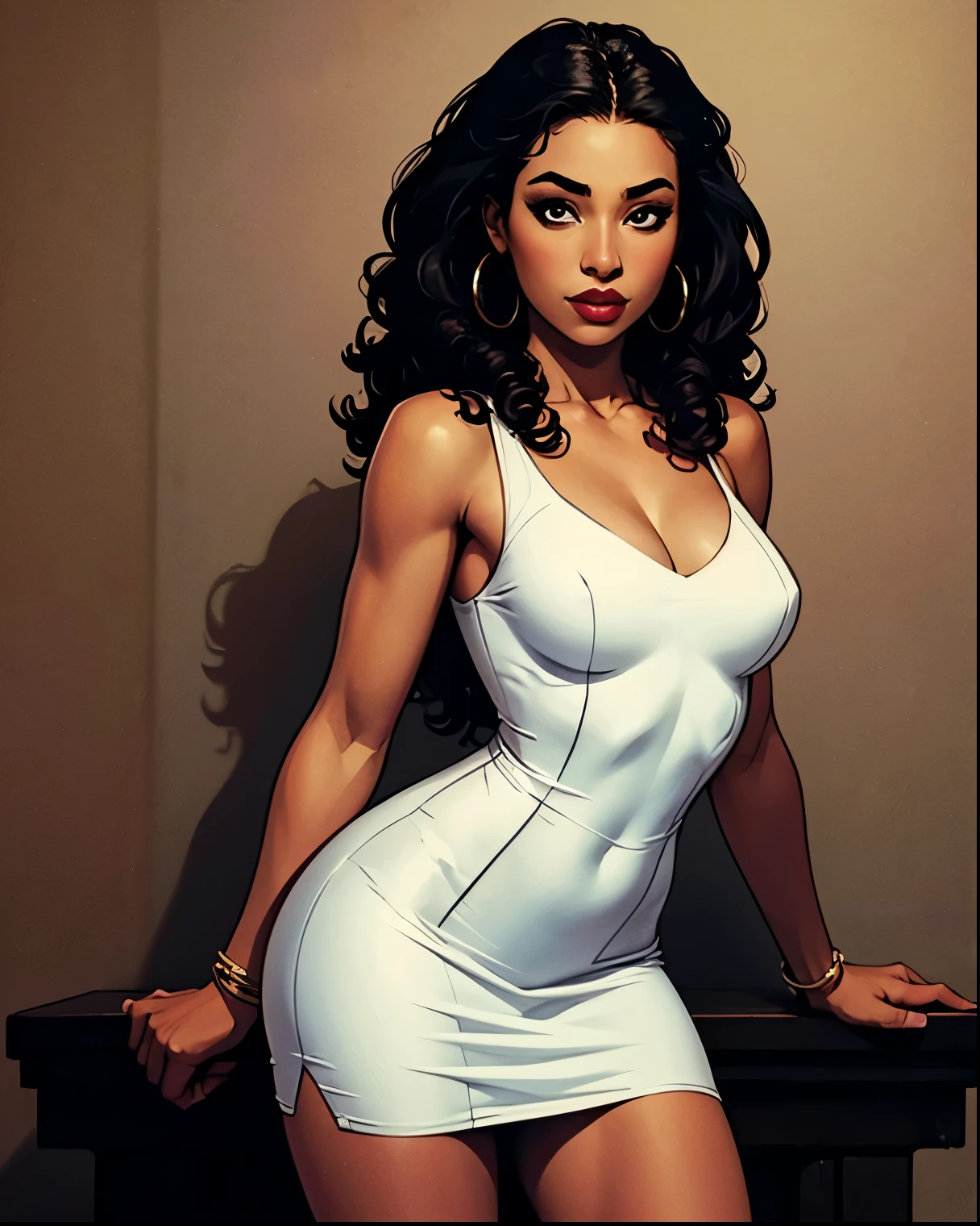Young half African-American woman in a white clubbing dress, red lipstick, curly black volumous hair, Solo, High Resolution, Masterpiece, Anatomically Correct, Accurate, Best Quality, Simple Background, rule of thirds,