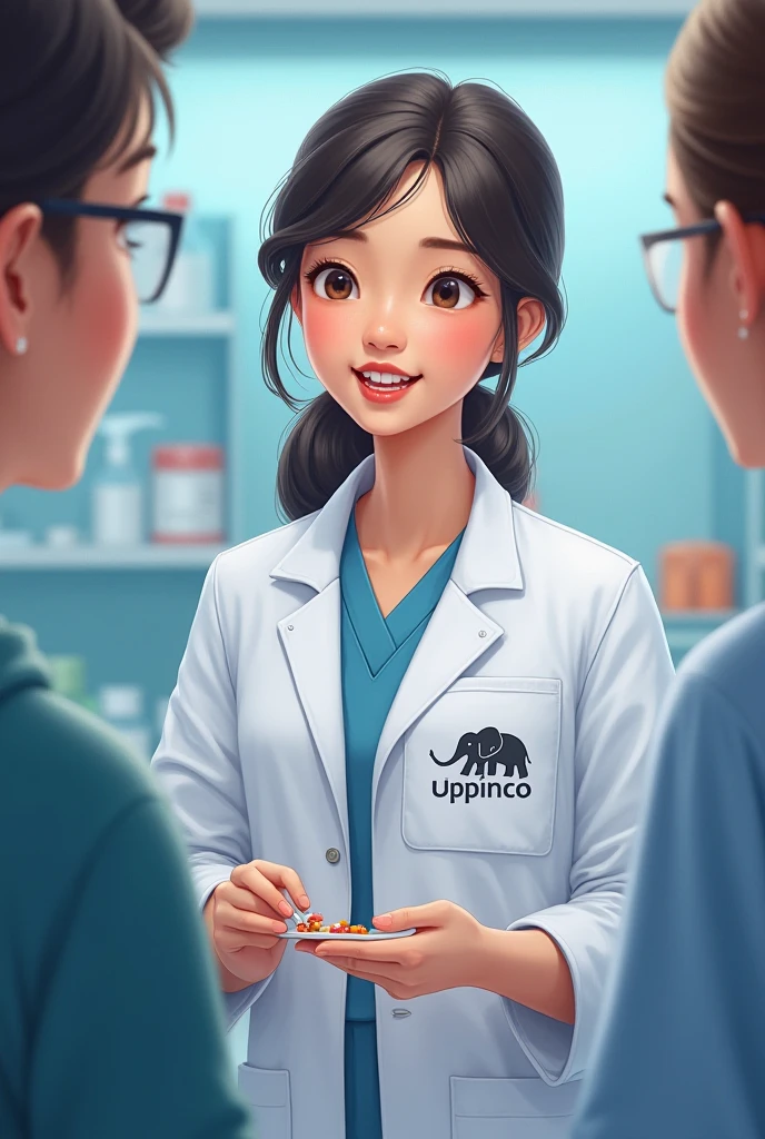 Create an image drawing of a girl in a lab coat advising patients about medications and having her say UPPINCO like an elephant as a logo