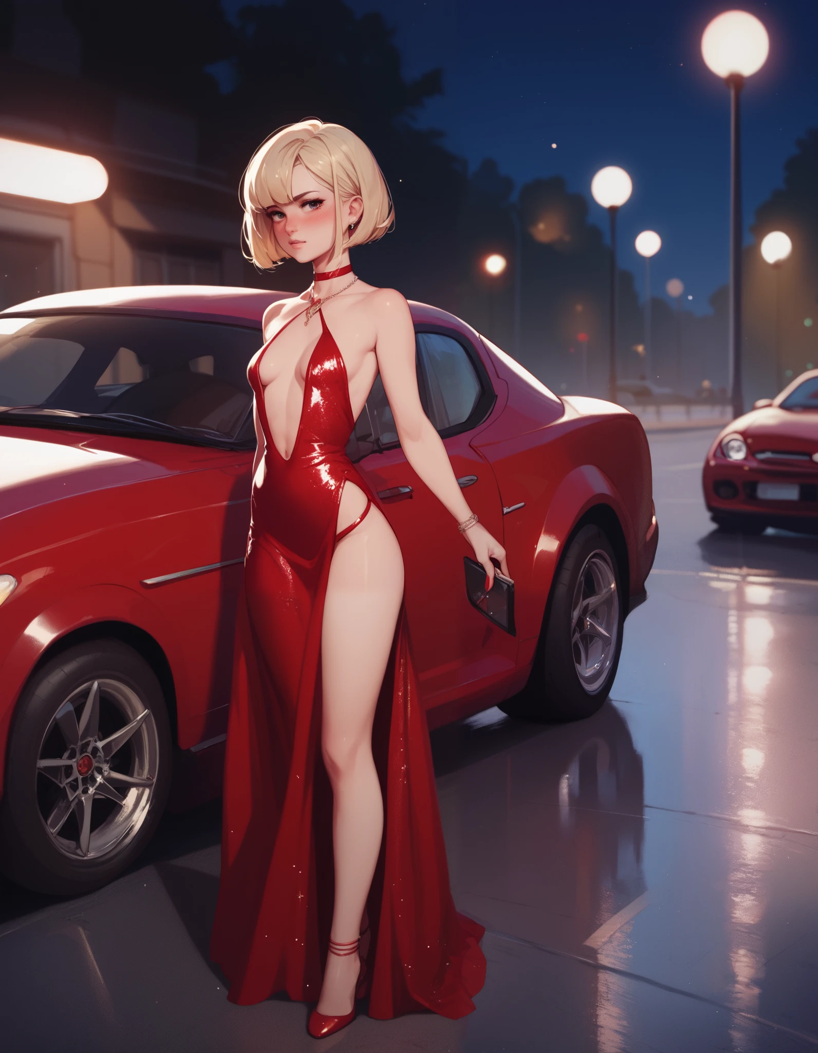 a cute blonde girl, bob haircut, revealing dress, red dress, absolute cleavage, standing next to a car, blushing, night, small breasts