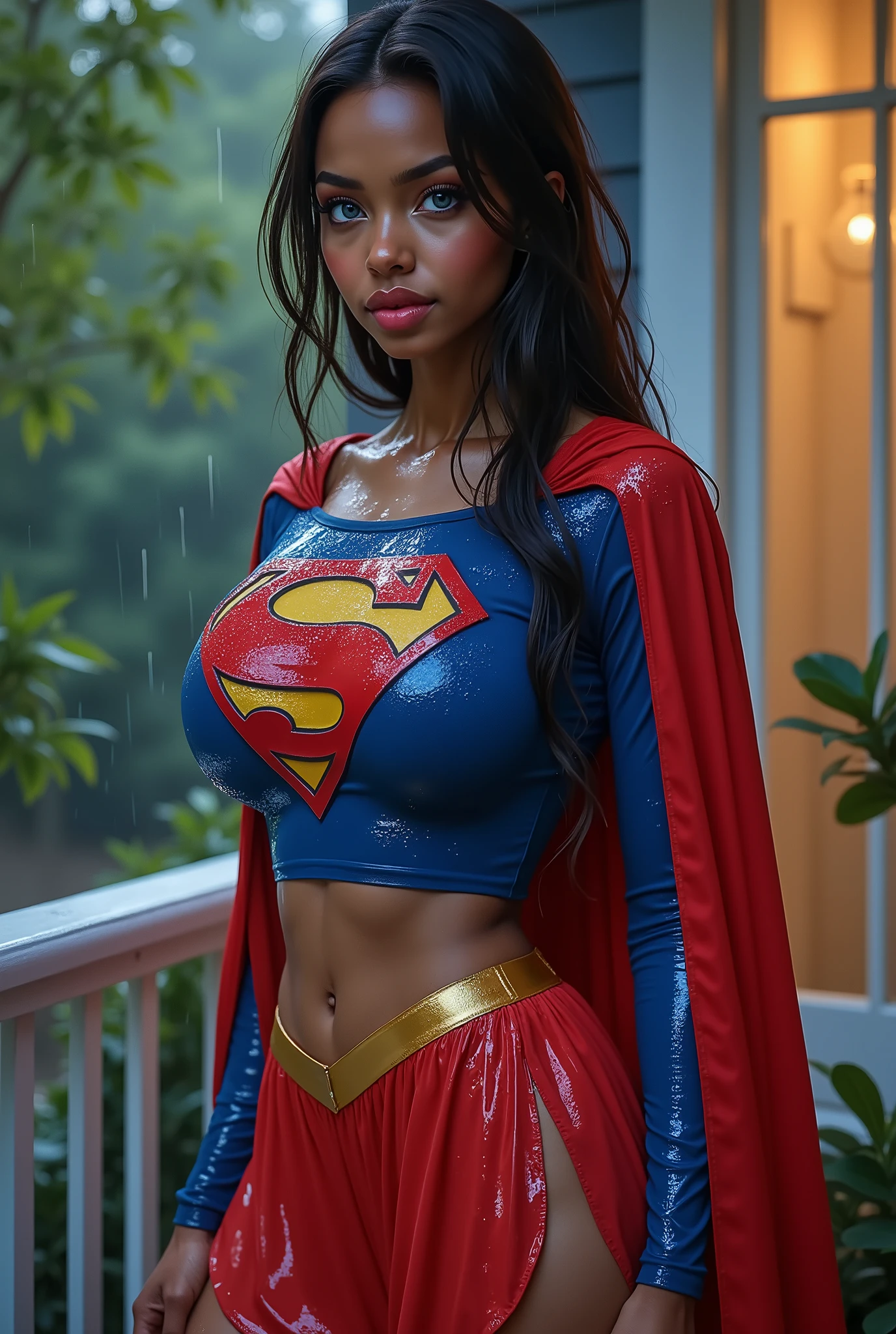 A VERY SEXY BLUE EYED, BLACK AFRICAN FEMALE AS SUPERGIRL, WEARING A SUPERGIRL COSTUME AND CAPE. TRANSLUCENT CLOTHES. SOAKING WET FROM THE RAIN OUTSIDE THE FRONT PORCH POUTING. COMPLETELY SOAKED AND WET.4K, 8K