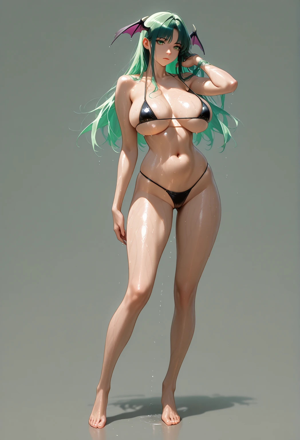 Best quality, ultra-high resolution, ultra-fine face and eyes, (fidelity: 1.4), 1 girl, girl, seen from behind, (transparent bra: 1.3), (erotic white lingerie), (dark green: grey hair: 1.4), look at the audience, smile, cute, huge ass, (ray tracing: 1.4), (long legs: 1.4), big breasts, thin waist, pregnant women, pregnancy, big belly, vacuum underwear, transparent,  girl, young, big belly, no pants, large bust, Large belly, oversized belly, oversized buttocks, vest line, bodybuilding, pregnant with twins, sweating, nube, naked,