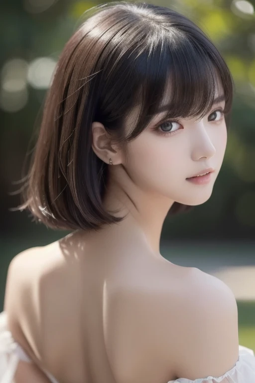(UHD, Retina, masterpiece, precise, Anatomically correct, Textured Skin, Super Detail, High Detail, high quality, best quality, high resolution, 1080P, HD, 4K, 8K, 16K), (Beautiful and delicate eyes, Beautiful and delicate lips, Extremely detailed eyes and face), Studio Lighting, Physically Based Rendering, Bright colors, (Large Breasts, Attractive figure, big nipples), (backless see-through dress), (portrait, Bob Cut, Shiny hair, Glowing skin, blush), (Bokeh), Eye Reflection,