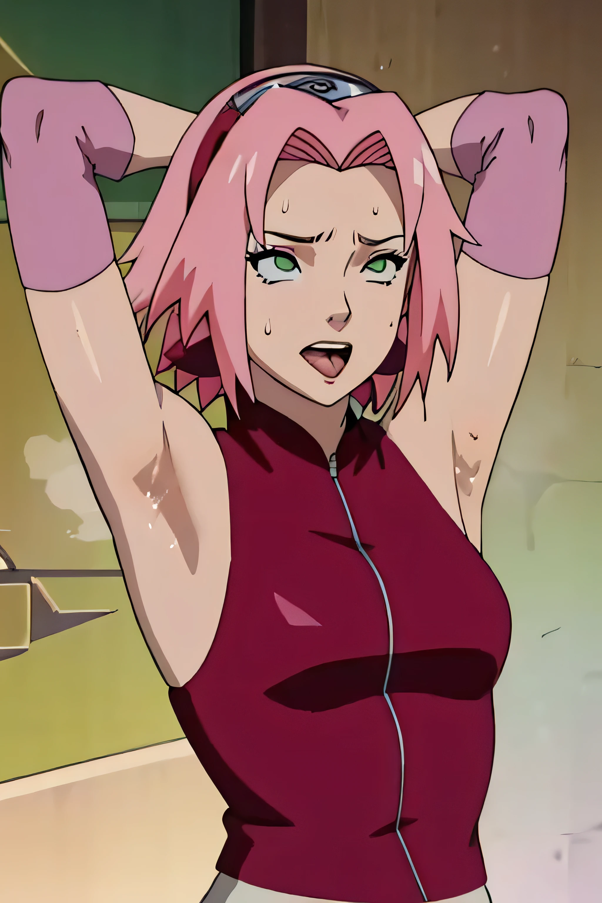 Sakura Haruno,human woman with fair skin.with green eyes and red clothing. Her hair is long and pink in color; She is beautiful. Fair skin.Tsundere face. Pink eye shading,mature appearance,armpits,sweat,sweaty,sweaty armpits,arms up,showing armpits,awesome armpits,outfit,blackish red arm warmers,maroon arm bands,maroon arm warmers,tongue