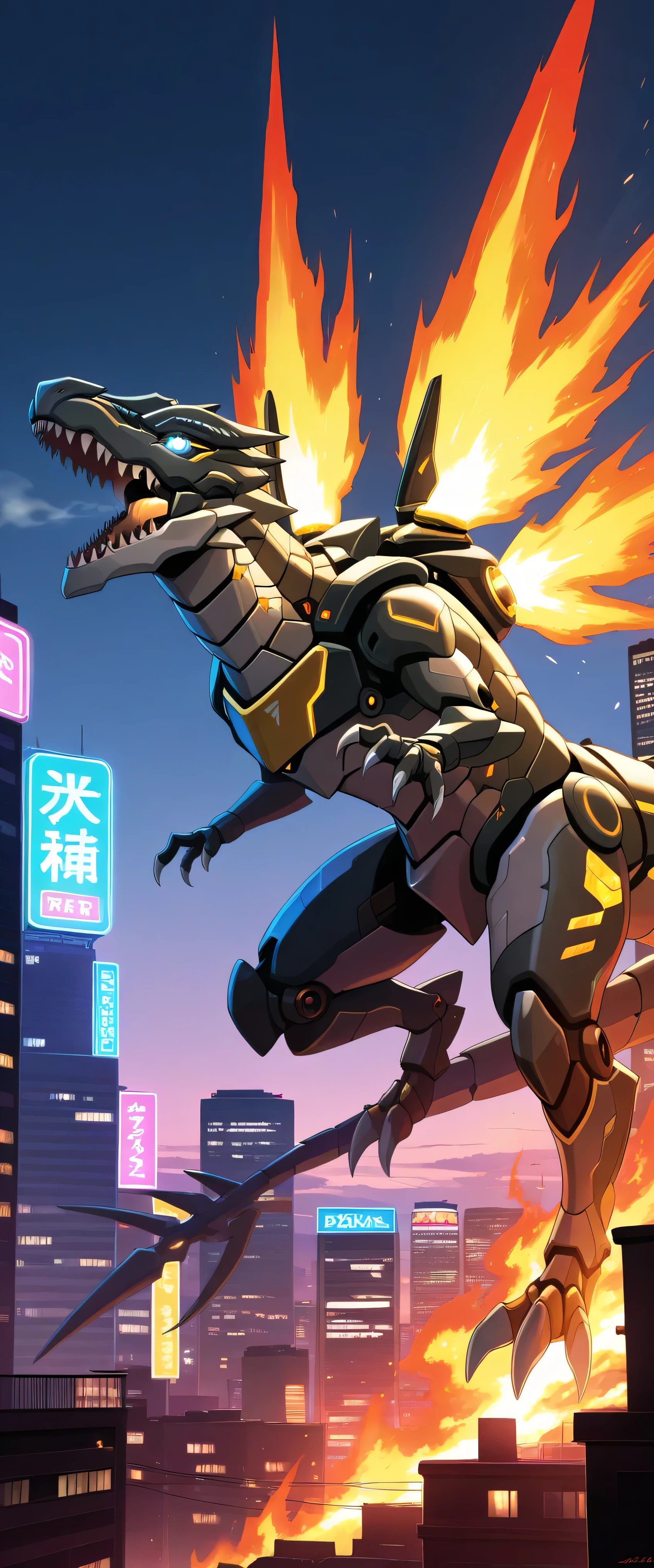 (score_9:0.9),score_8_up,score_7_up,rating_safe,(zPDXL3),(zPDXL), no humans,sharp teeth,solo,open mouth,blue glowing eyes,from side,full body,mechanical tyrannosaurus rex,dinomorphia rexterm,mechanical booster, yellow and blue armor, cityscape,city,burning,flames, neon lights, small arms,masterpiece,best quality,amazing quality,very aesthetic,absurdres,newest