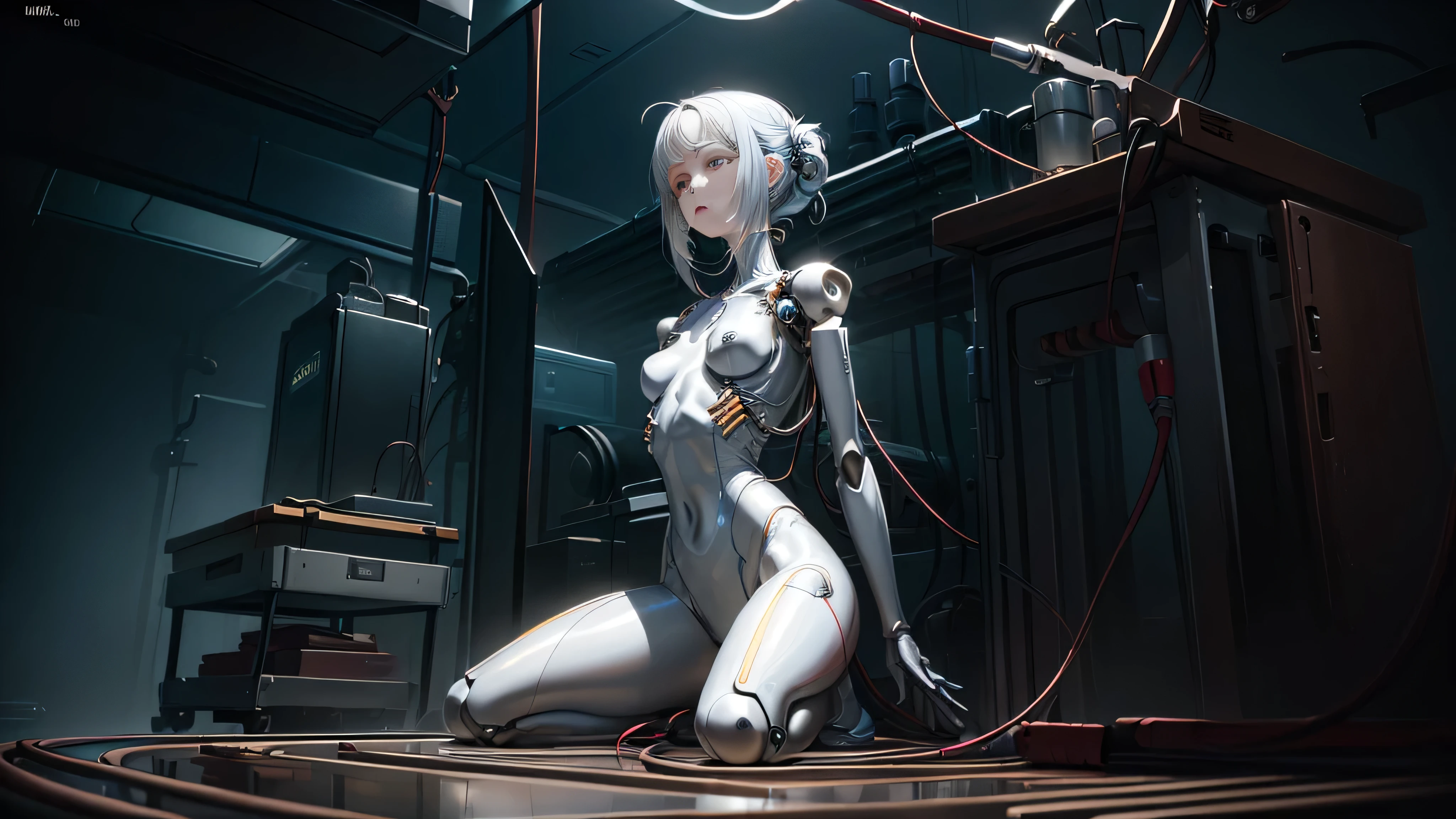 (((masterpiece))), (((Highest quality))), ((Very detailed)), (Highly detailed CG illustrations), ((Very delicate and beautiful)),(Cute and delicate face),Light,((1. Machine Girl)),alone,whole body,(Machine made joints:1.4),((Mechanical Limbs)),(Muscle swelling),(The container is connected to a tube),(Brain in a container:1.3),((Mechanical vertebrae attached to the back)),((Mechanical cervical spine attached to the neck)),((Sitting)),poker face,(Wires and cables attached to head and body:1.5),Small breasts,short hair,(Character Focus),SF,Lying down,Dark shortcuts,Centering shortcuts,A devastated society,alone,
