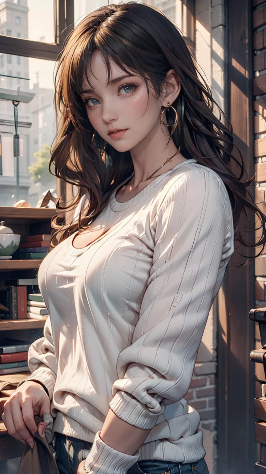 woman, Big Breasts, Redhead, blue eyes, Transparent sweater, Sexy proportions、Sexy、Narrow waist、smile、slender、