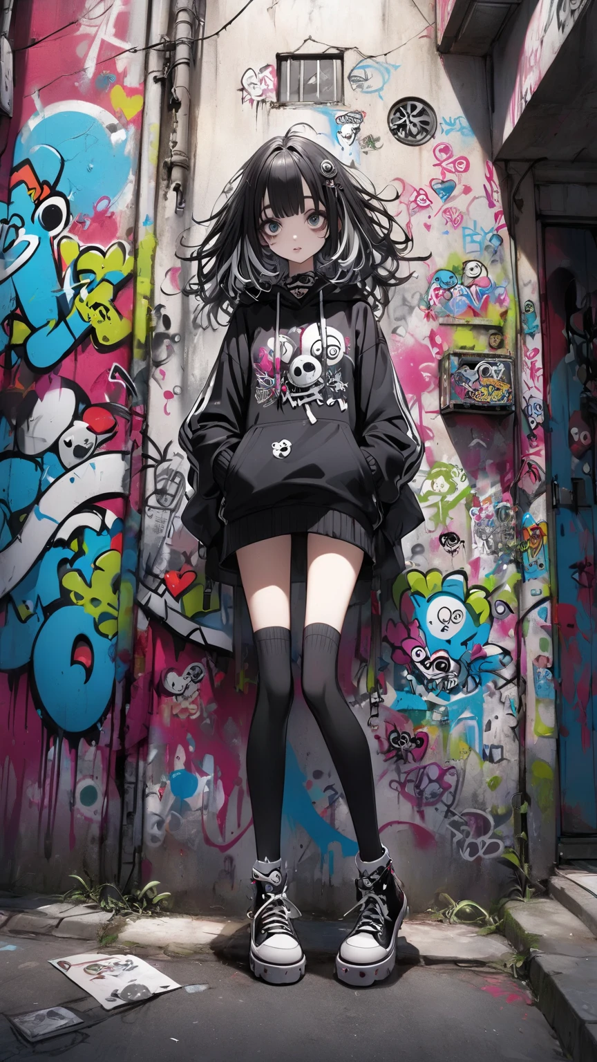Hatsune Miku、adult、shirt、Pleated skirt、blunt bangs、Gothic、Step Piece, Best Quality, Best Illustration, Ultra-detailed,girl, crazy baddie girl, Cool Black Open Short Jacket, neck tattoo, Messy Fade Cut Hair, Side braided hair,Crazy, standing with an eerie feeling, abandond street graffiti wall background,knee high socks, quirky sneakers, Eyeshadow on the eyes,unusual colored eyes, Eyes of fear, vivid eyes, cool shot