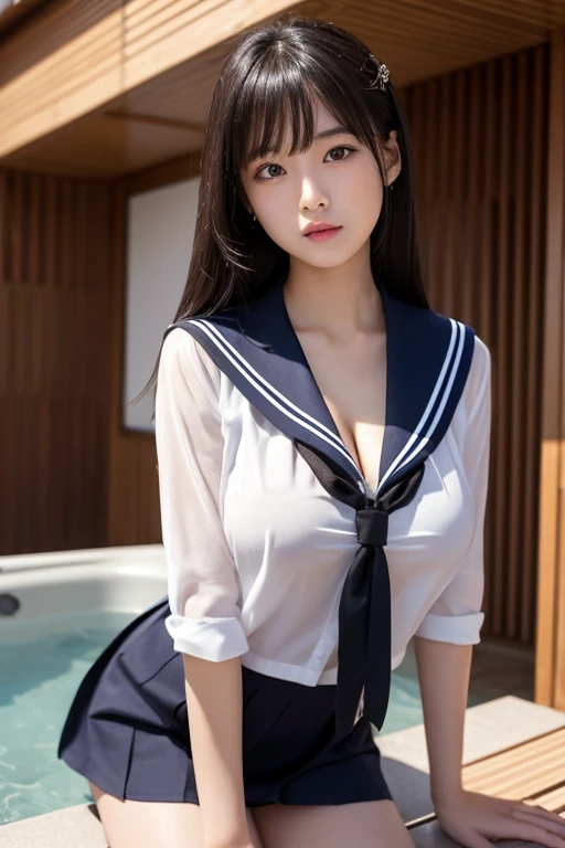 ((masterpiece, Highest quality)),Best aesthetics,One girl, Sitting with legs apart, Poolの中,Pool, Long Hair, Outdoor, Chair, View your viewers, Focus Only, Brown eyes, (high school girls are wearing uniforms:1.4), Black hair twin tails, bangs, Sit with your legs apart,smile,Black underwear,Wet Hair,(Big Breasts),(Random gravure poses:1.4),(独奏:1.4),(sit down spread legs:1.4)